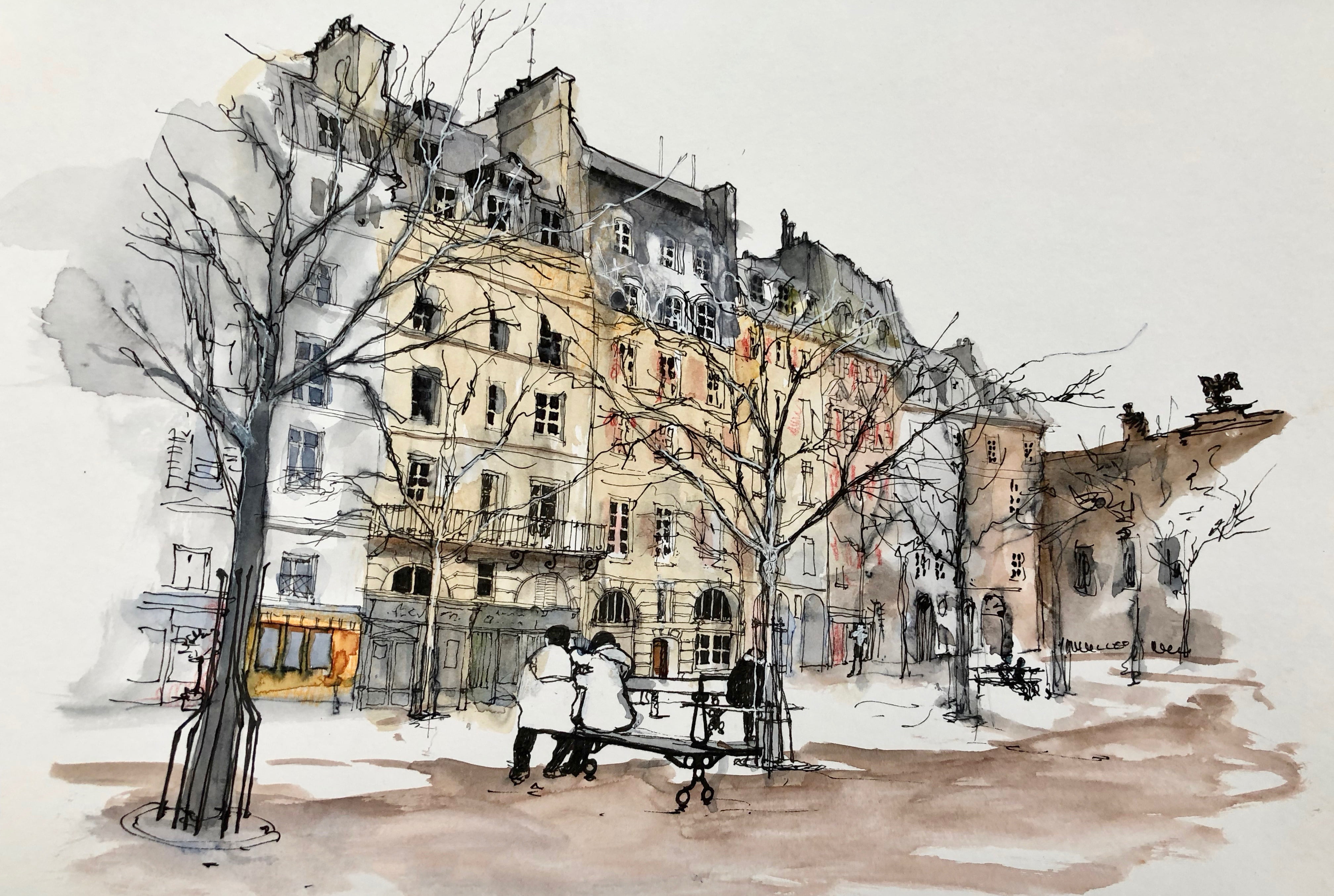the urban landscape, figure, watercolor, 4K, square, Paris, HD Wallpaper