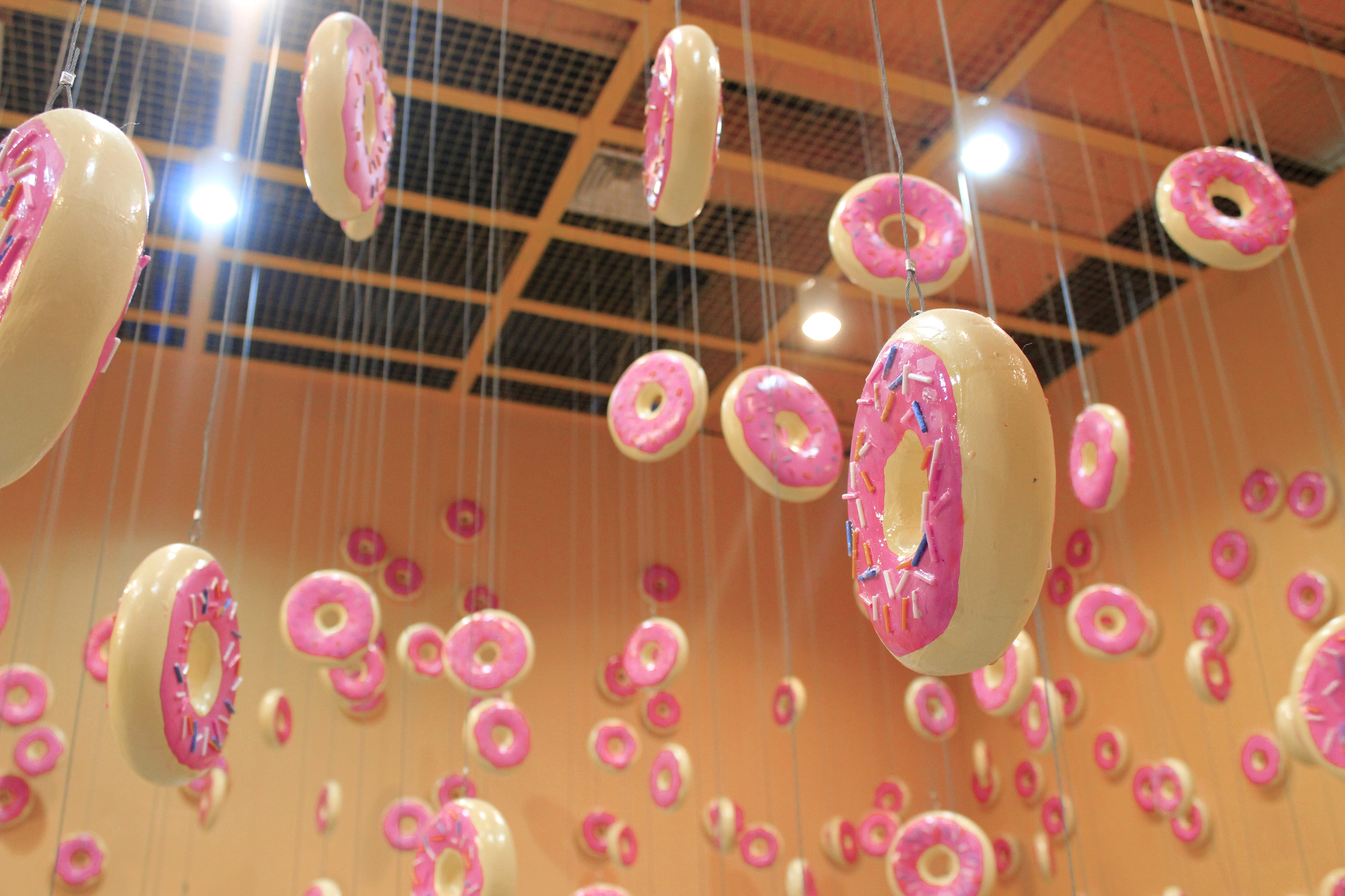 low angle view, lens flare, the dessert museum, ceiling, hanging, pink color, event, fun, decoration, music, arts culture and entertainment, celebration, HD Wallpaper