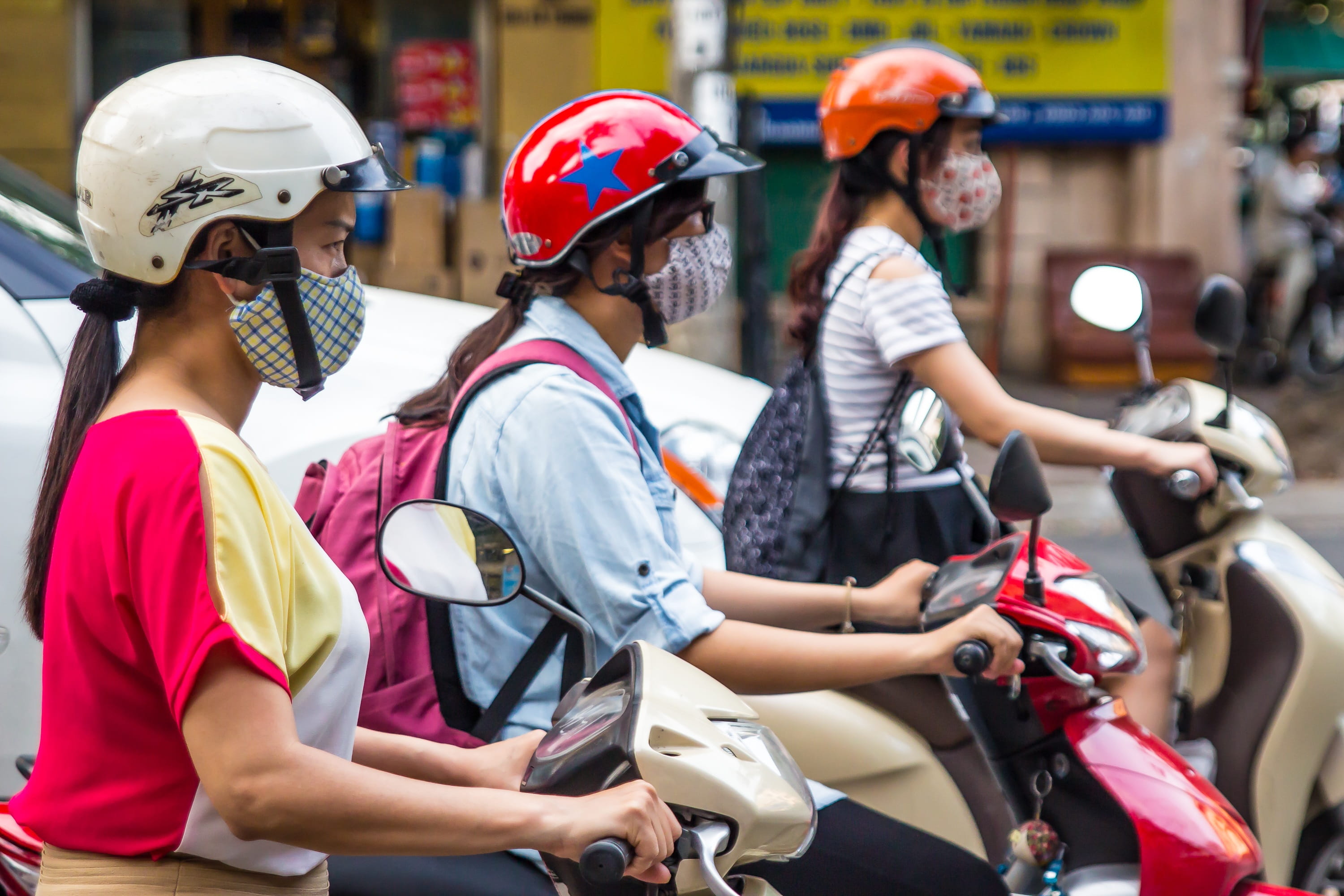 protect, three, star, safety, group of people, hanoi, depth of field, adult, men, street, vietnam, pollution, women, mask, focus on foreground, crash helmet, HD Wallpaper