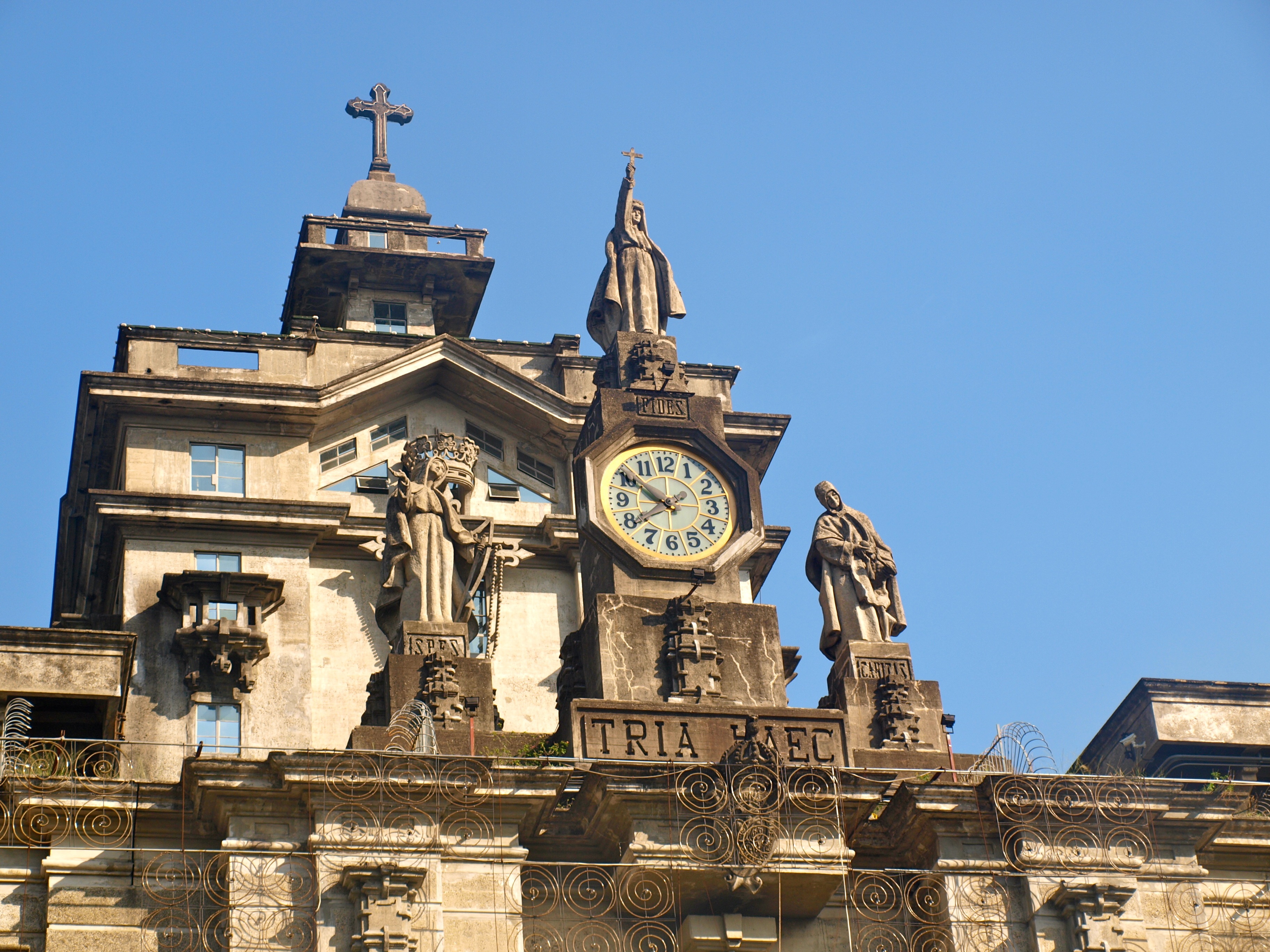 ornate, wall, structure, university of santo tomas, outdoors, philippines, blue, stone, day, clock tower, low angle view, old, textured, clock, cross, education, HD Wallpaper