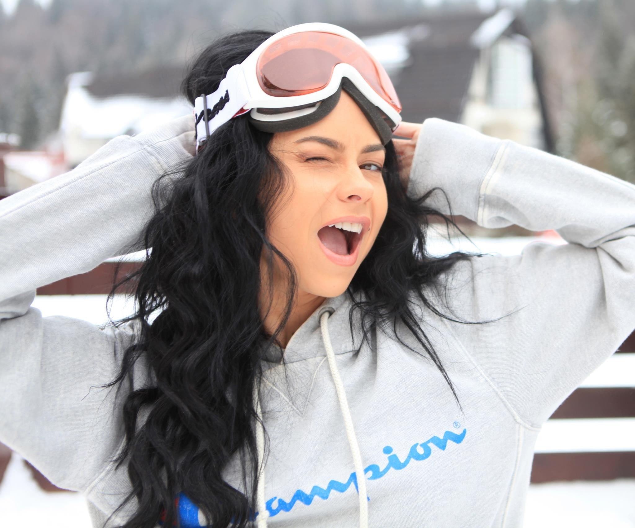 glasses, outdoors, women, winking, long hair, beautiful woman, leisure activity, focus on foreground, lifestyles, face, black hair, hands on head, mouth, HD Wallpaper