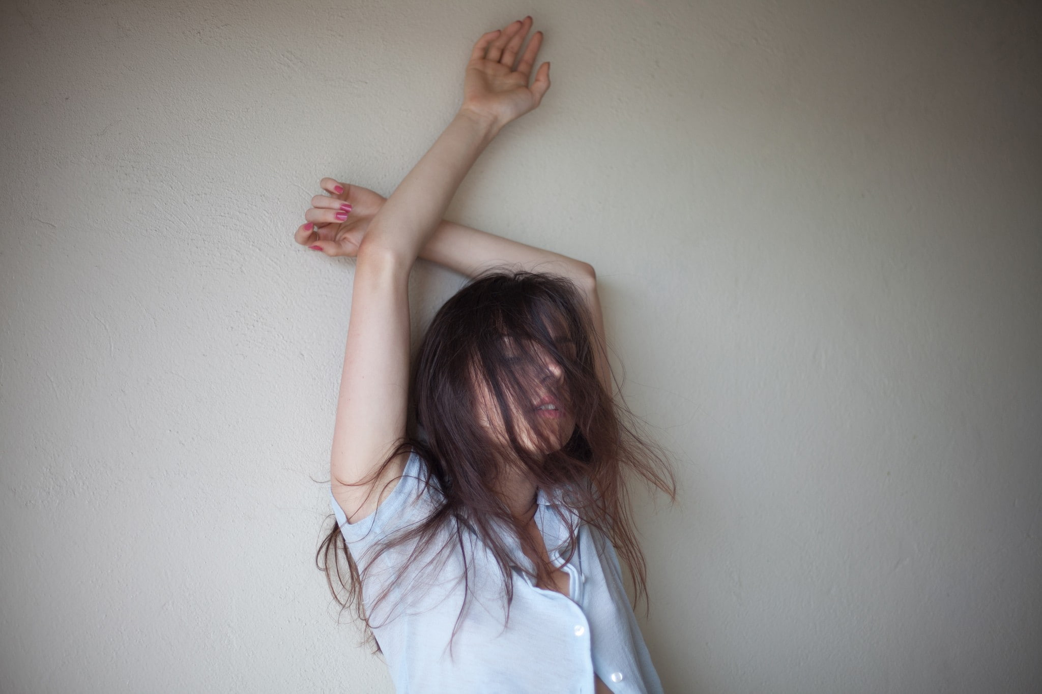 long hair, wall - building feature, human arm, brunette, open shirt, 1080P, Ruby James, women, hairstyle, human limb, one person, brown hair, casual clothing, HD Wallpaper