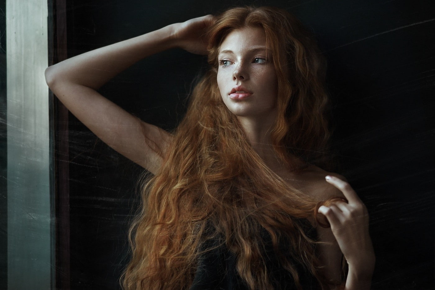 portrait, long hair, hand in hair, beauty, looking away, open mouth, hair, face, wavy hair, freckles, fashion, window, bare shoulders, headshot, scratches, HD Wallpaper