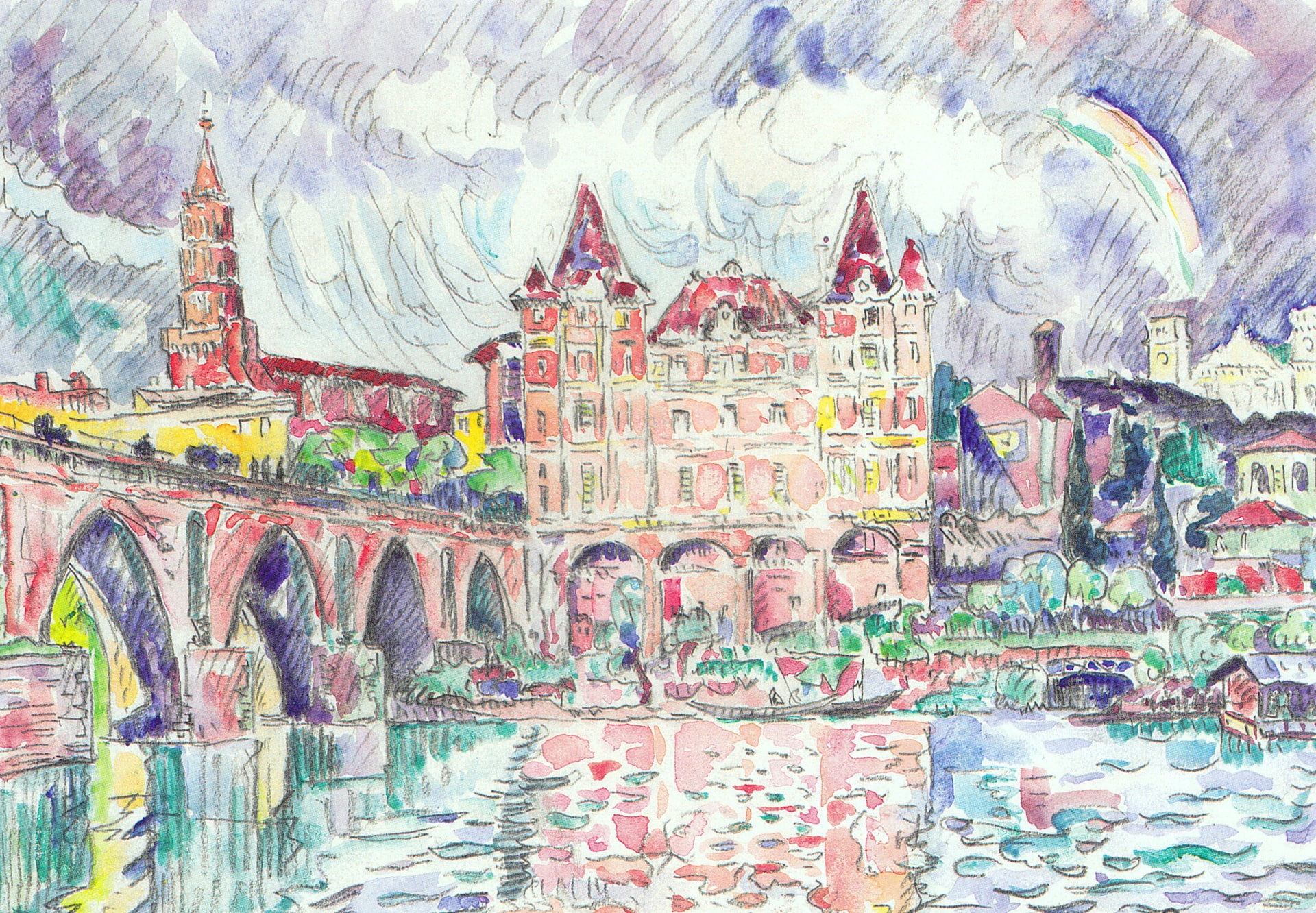 1080P, bridge, Paul Signac, home, watercolor, the urban landscape, figure, View of Montauban in the Rain, river, HD Wallpaper