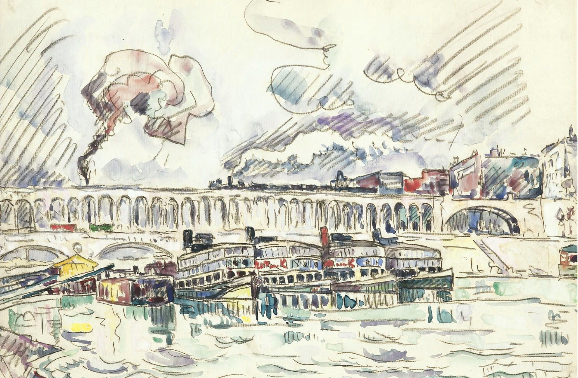 Paul Signac, The Viaduct and Mouche Bridge at Auteuil, watercolor, figure, 1080P, 1927, HD Wallpaper