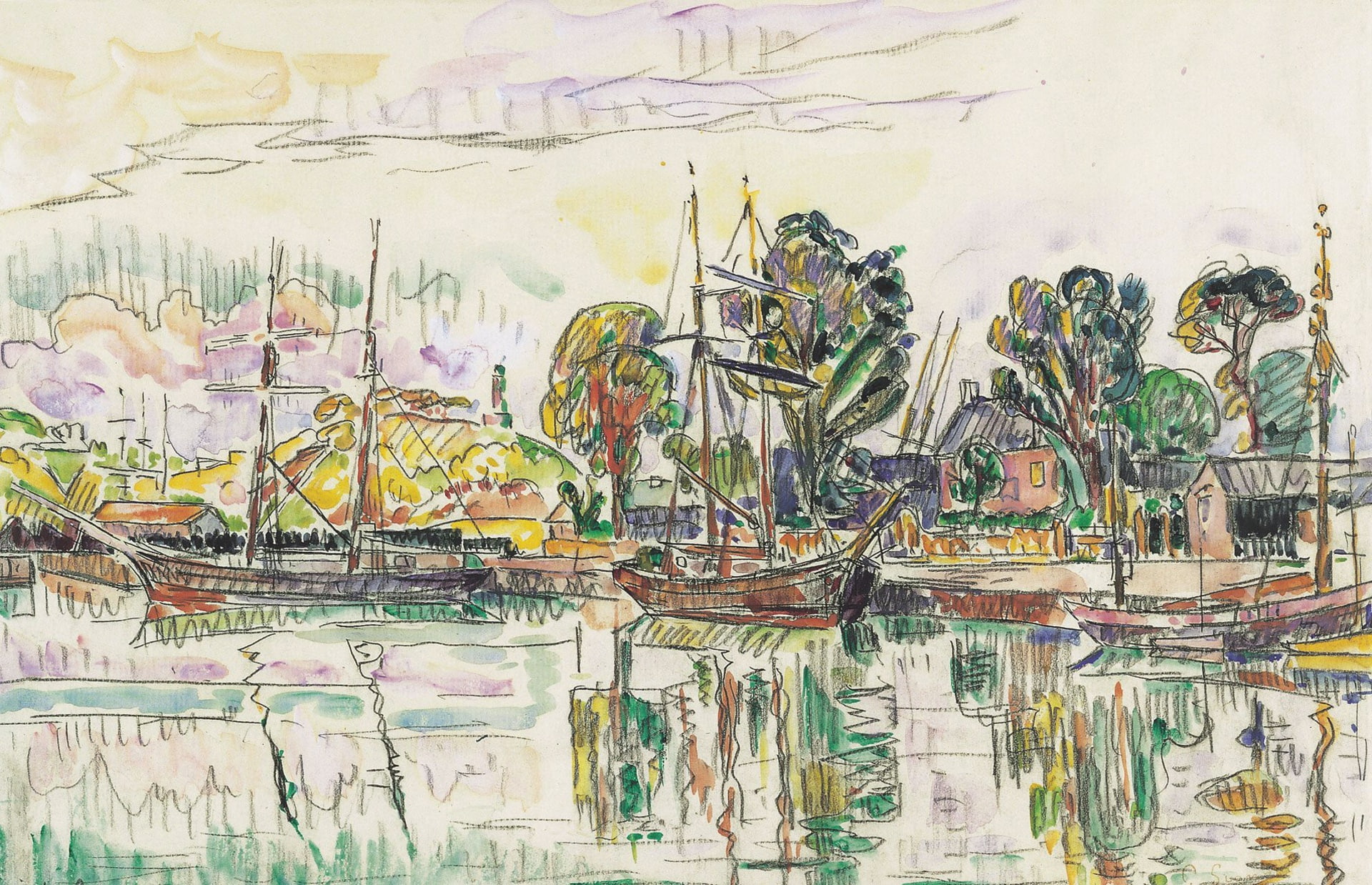 figure, ship, shore, Paul Signac, Paimpol, watercolor, 1080P, HD Wallpaper
