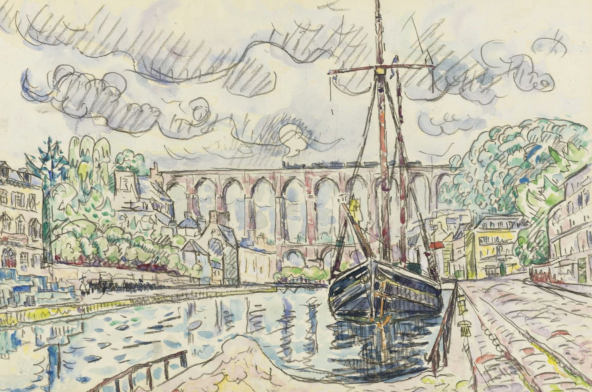 port, 1080P, figure, the city, Morlaix, ship, watercolor, Paul Signac, HD Wallpaper