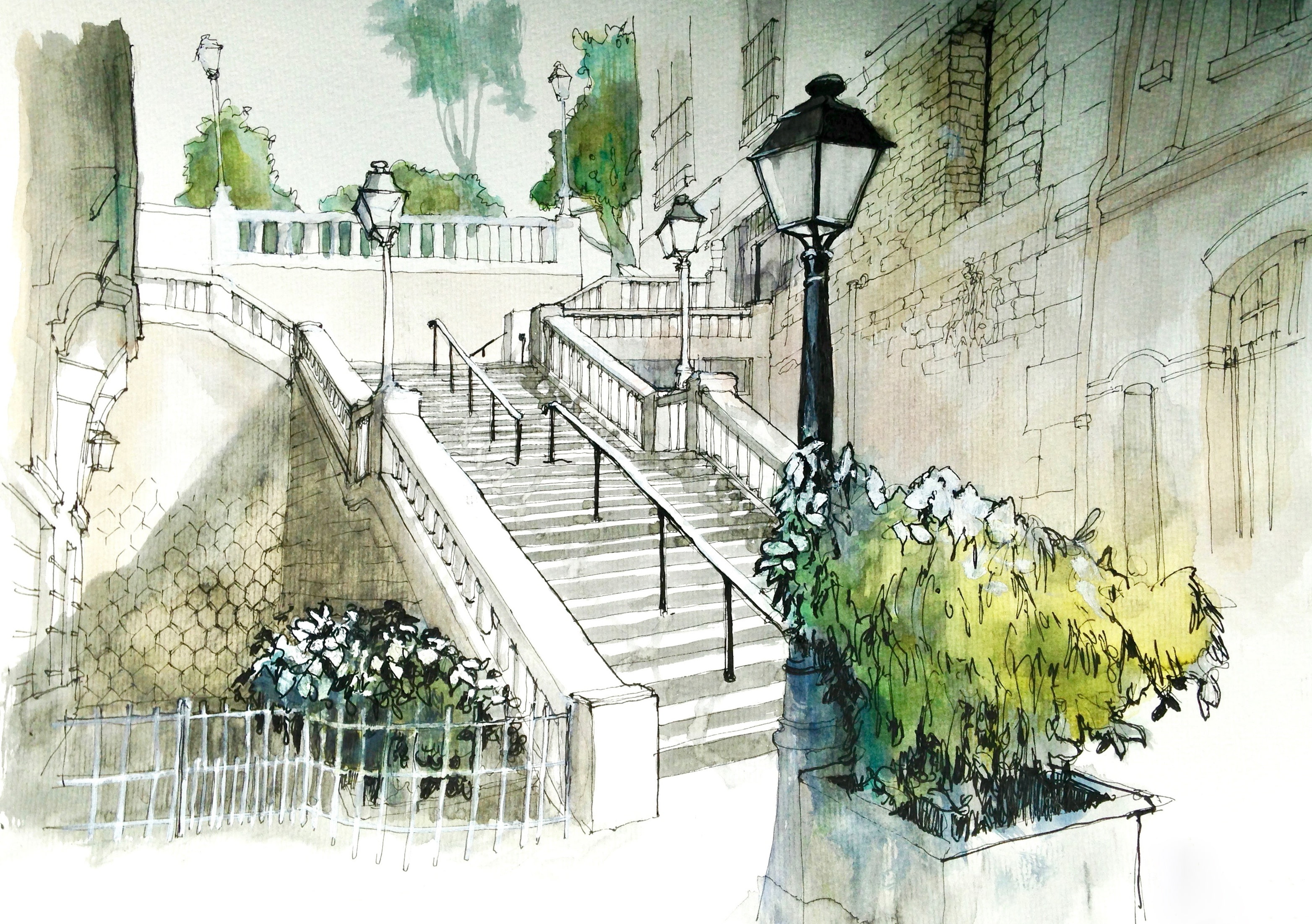 Paris, watercolor, 2K, ladder, lantern, Montmartre, figure, HD Wallpaper