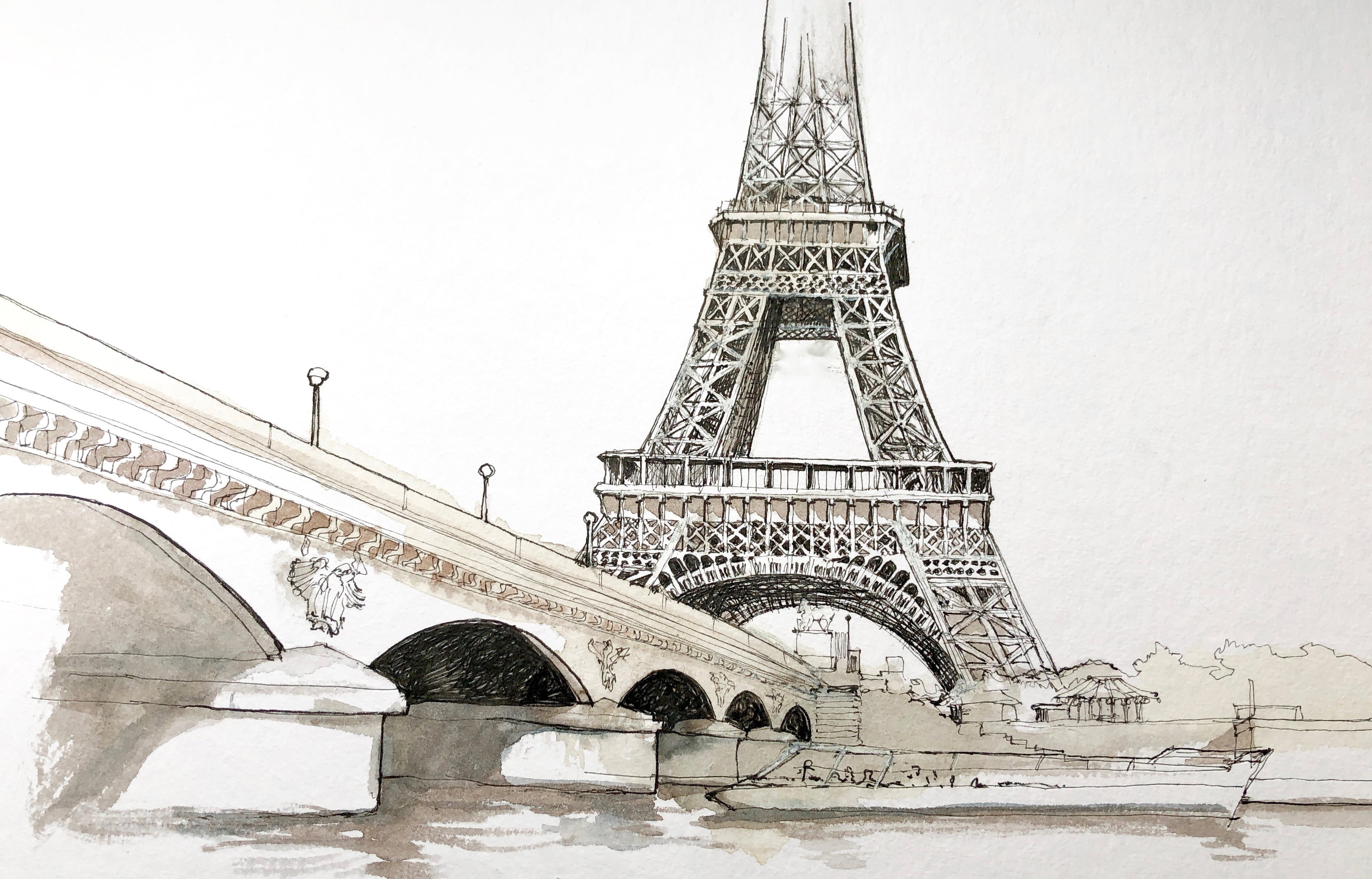 the urban landscape, 2K, figure, Jena bridge, Eiffel tower, watercolor, Paris, HD Wallpaper