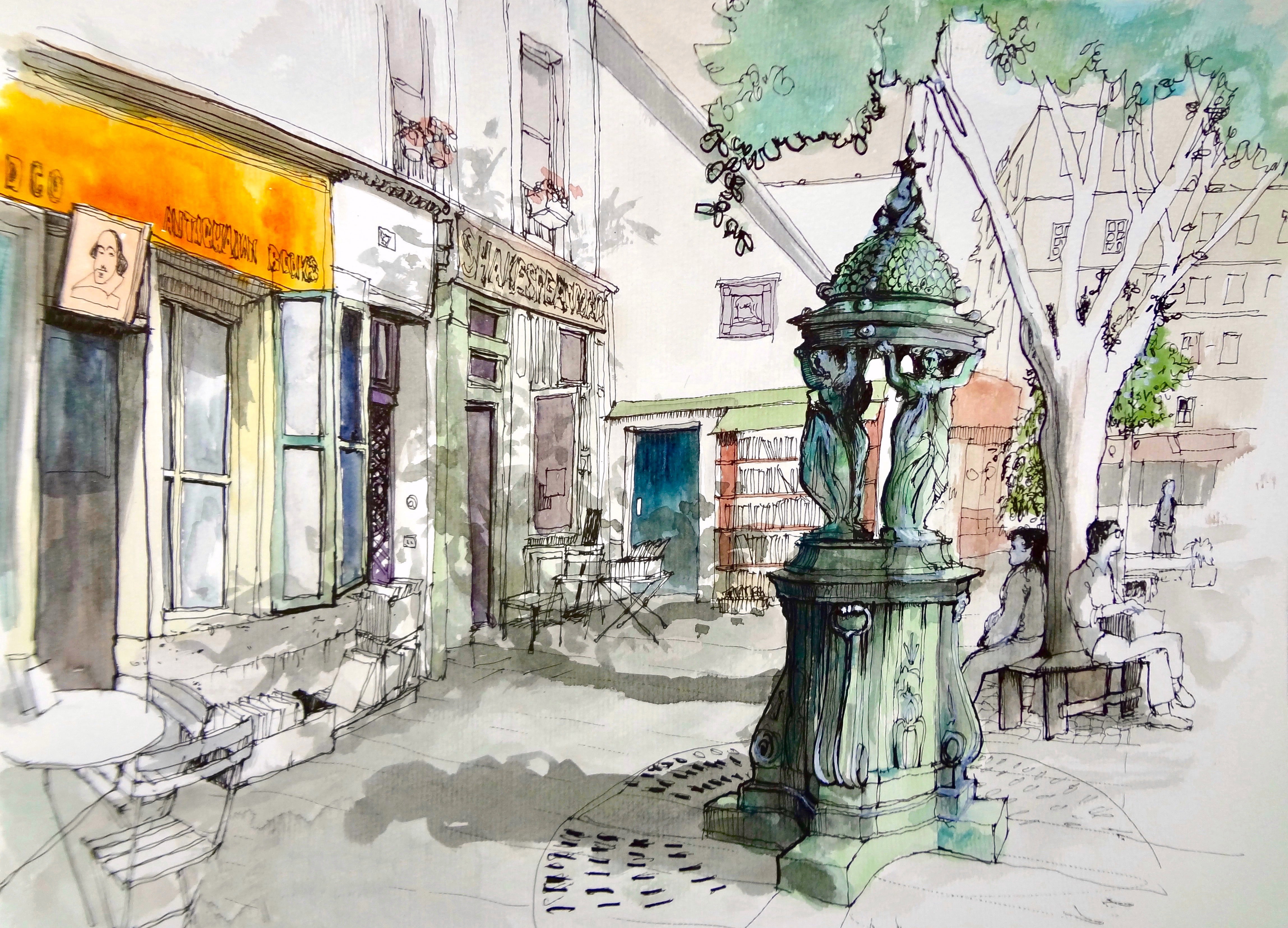 4K, watercolor, Paris, fountain Wallace, the city, figure, HD Wallpaper