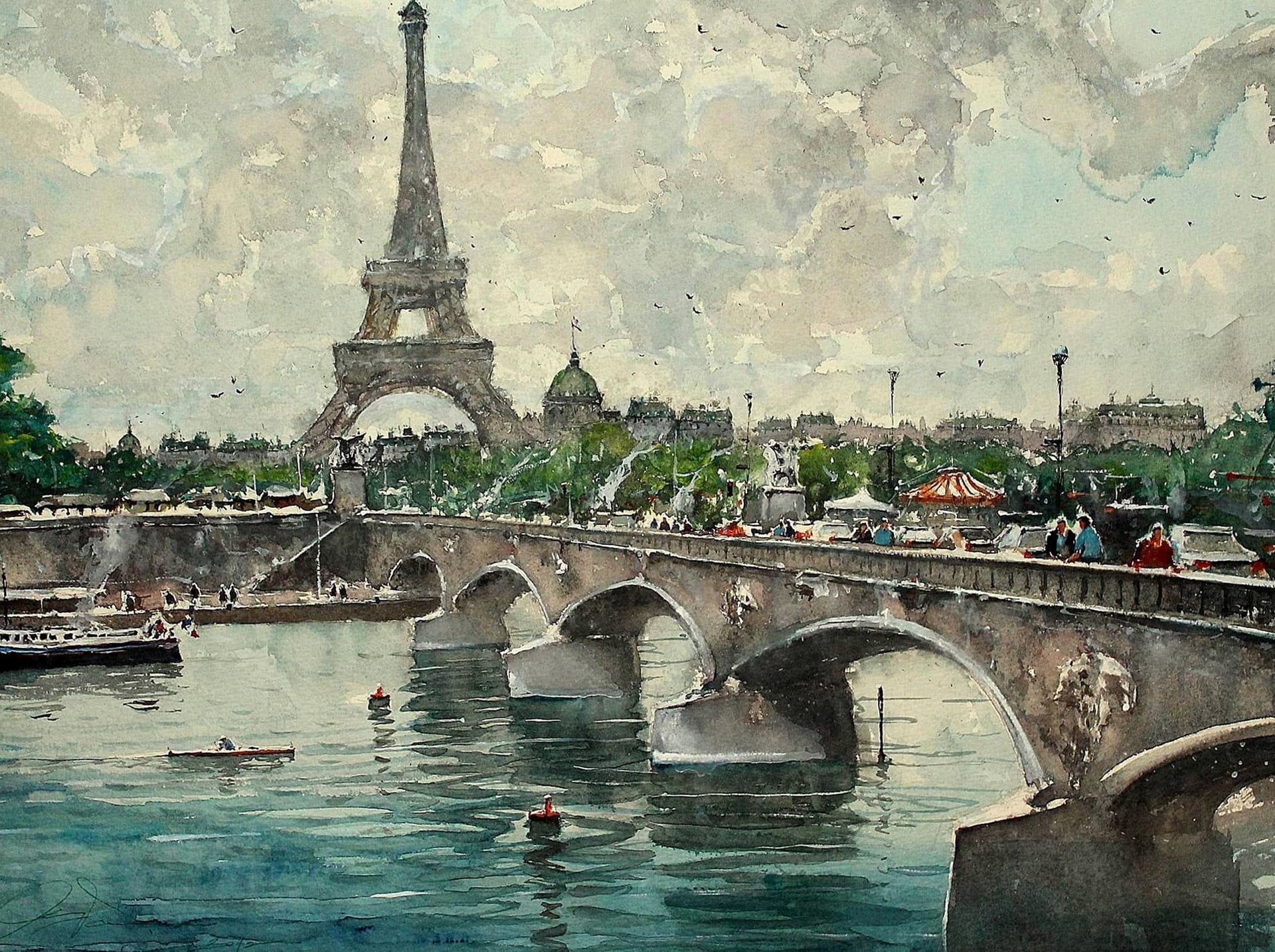 Maximilian DAmico, history, water, outdoors, Paris, the urban landscape, picture, bridge, building exterior, built structure, nature, travel, arch, watercolor, HD Wallpaper
