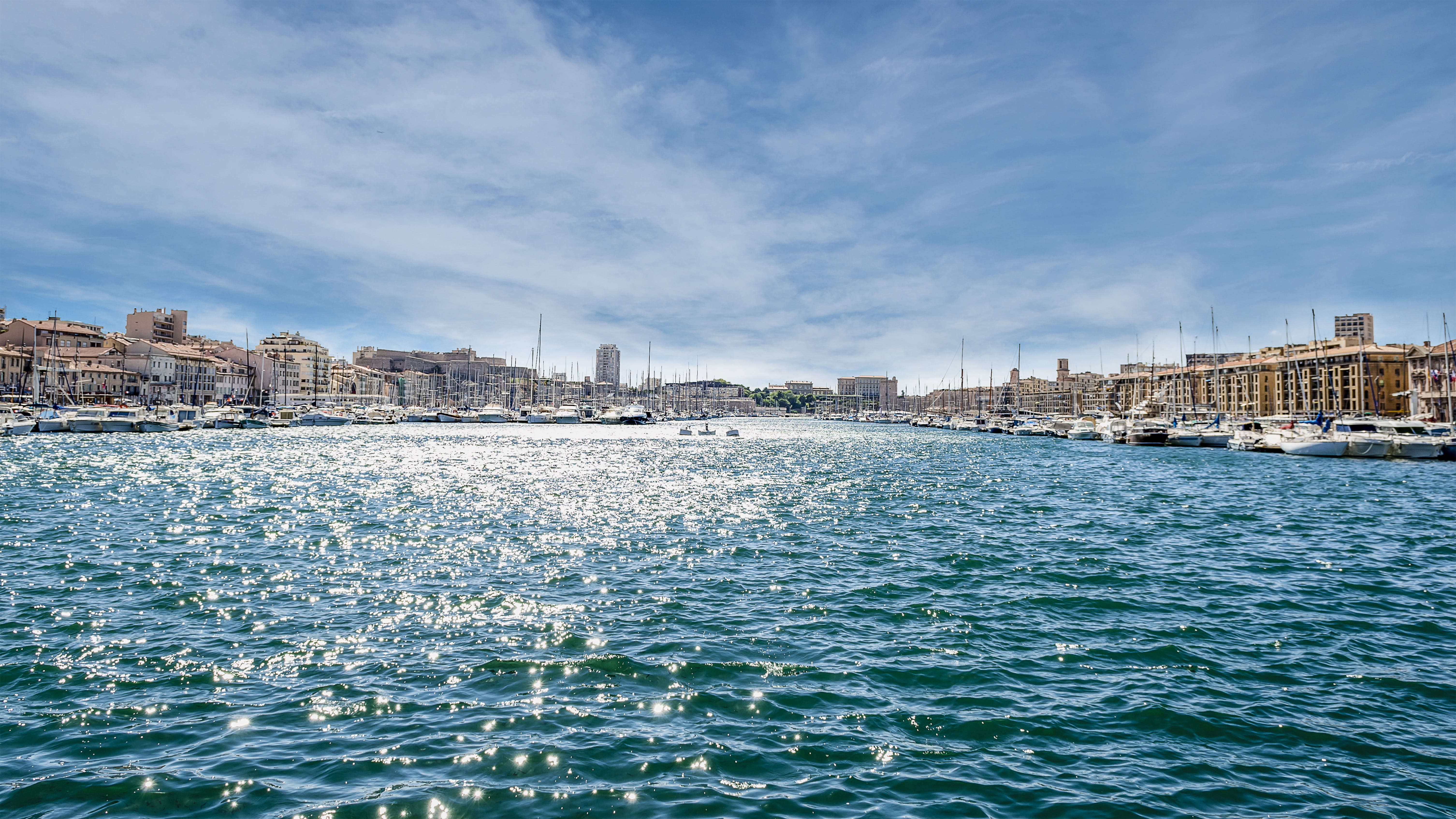 architecture, building, panoramic, water, 5K, building exterior, skyscraper, built structure, Port, Marseille, nature, no people, sky, landscape, urban skyline, HD Wallpaper