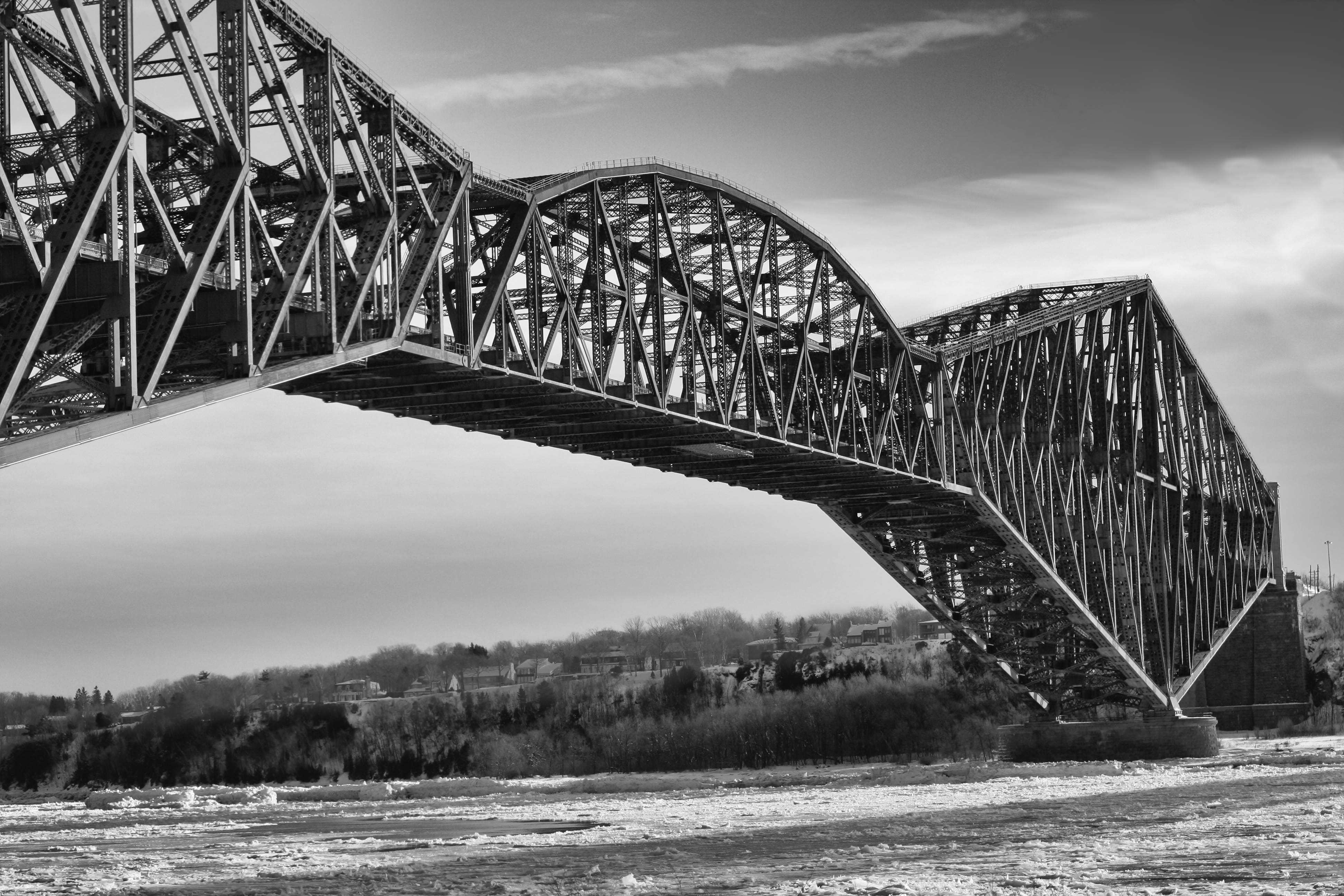 bridge, pont de quebec, winter, railway bridge, sky, saint-laurent, acier, glace, nature, cloud - sky, connection, long, day, Bridge, vieux pont, architecture, HD Wallpaper