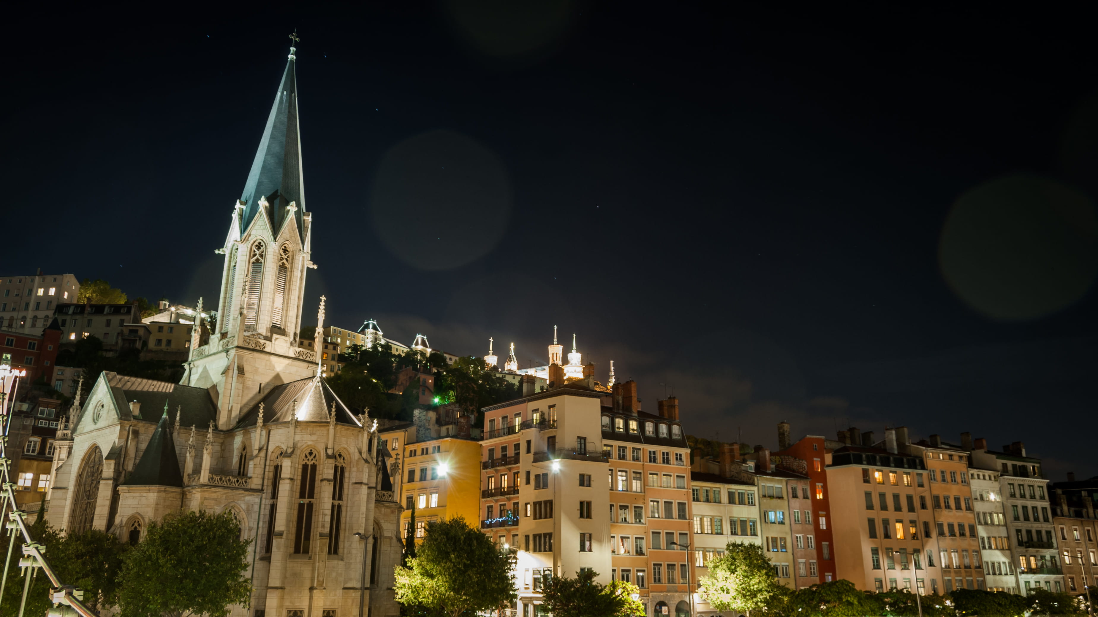 astronomy, architecture, place of worship, 2K, illuminated, quai de saône, spirituality, saint georges, travel, residential district, lyon, building exterior, HD Wallpaper
