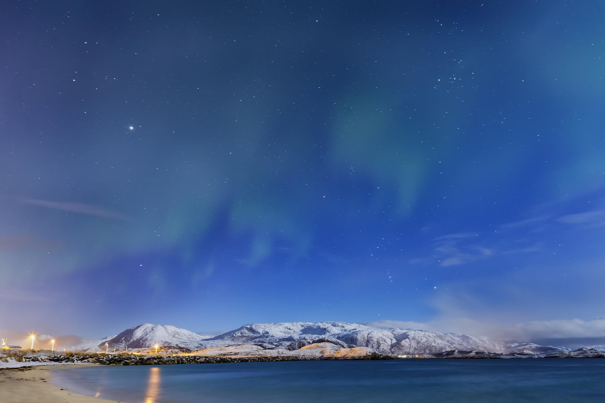 beauty in nature, winter, night, star - space, no people, tranquil scene, water, snowcapped mountain, sky, mountain range, hoary, 1080P, lake, environment, HD Wallpaper