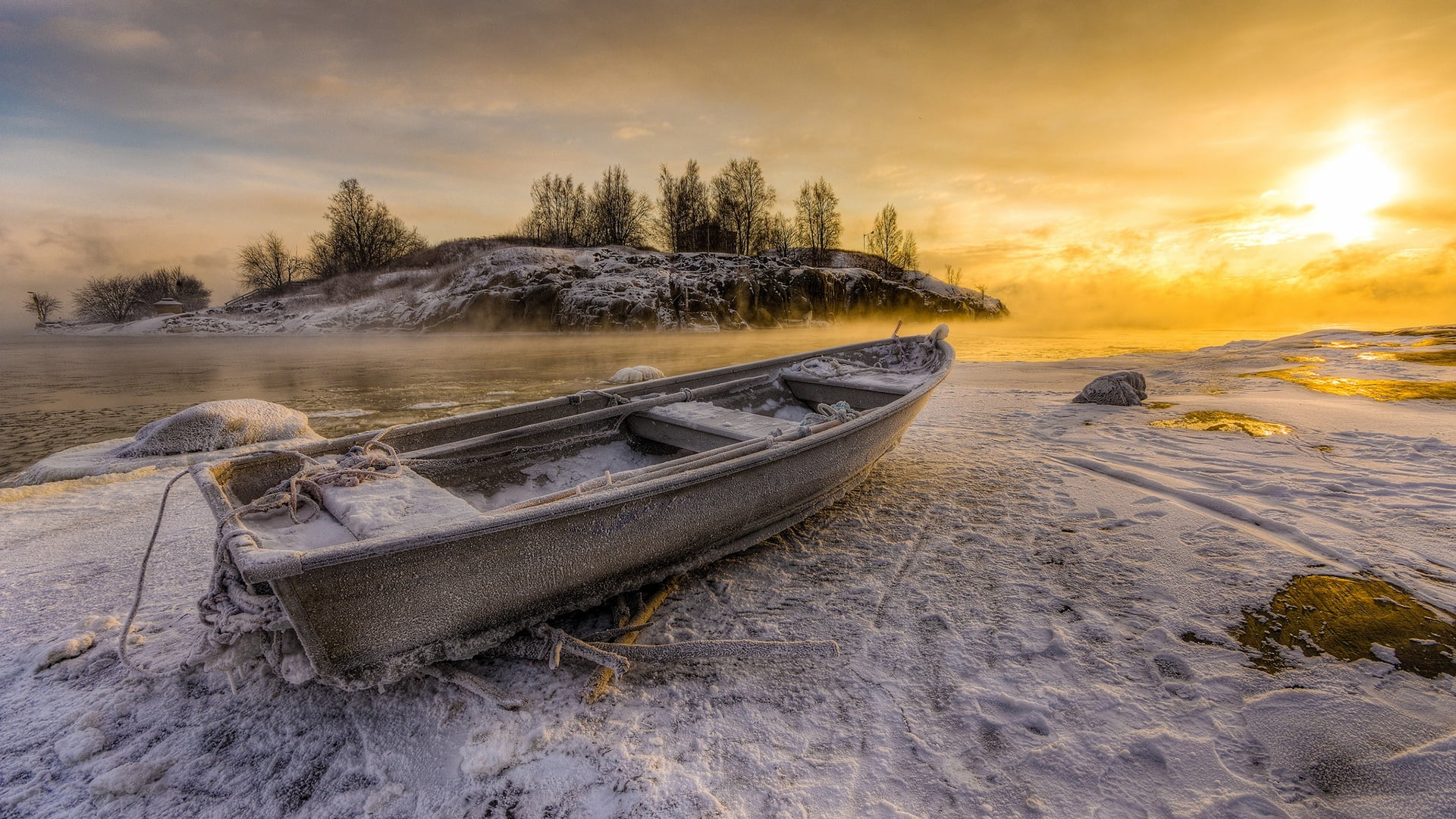 outdoors, landscape, land, boat, 1080P, moored, sky, transportation, no people, nautical vessel, cloud - sky, winter, sunset, tranquil scene, shore, beach, HD Wallpaper