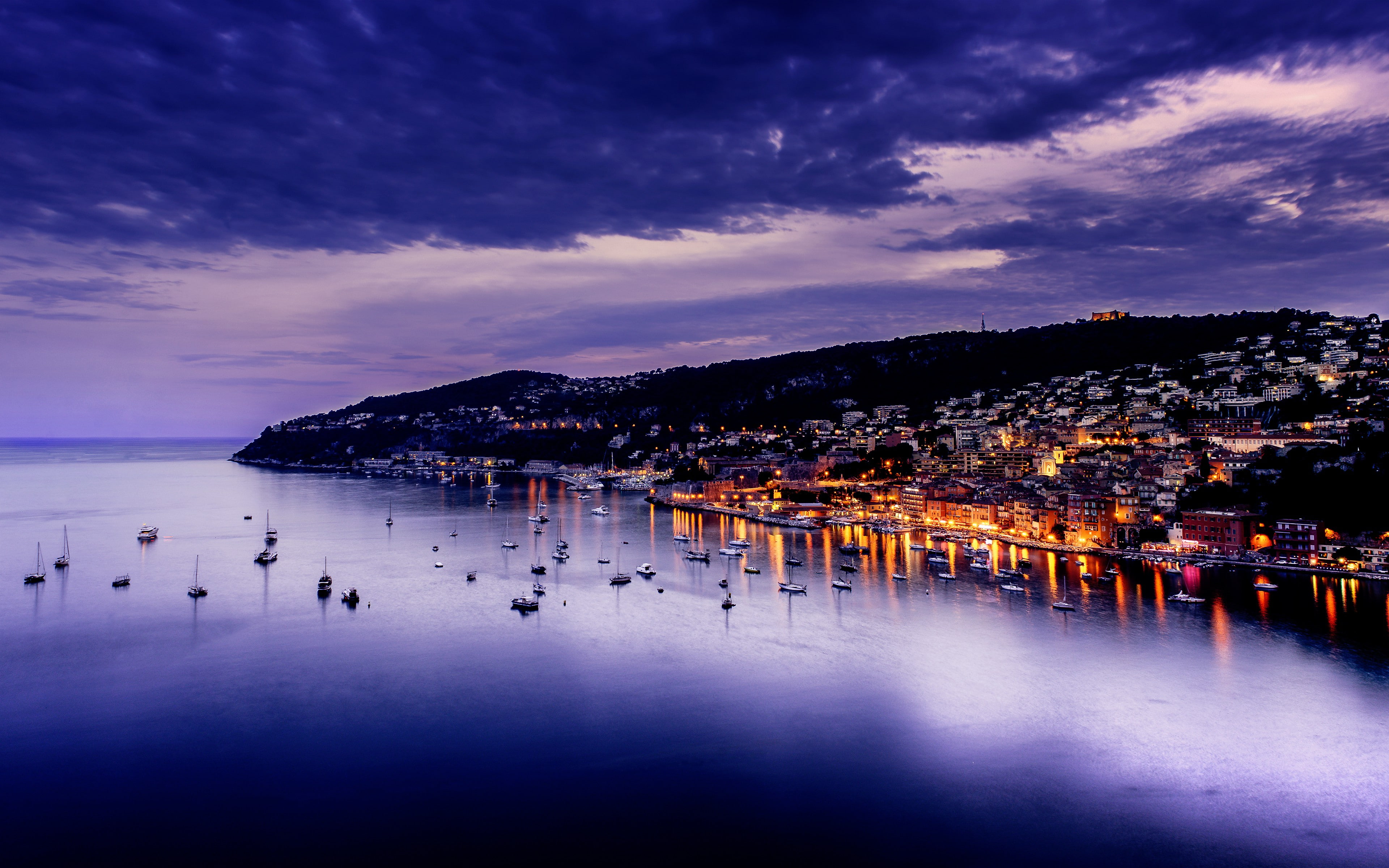 evening, lights, the Cote d Azur, 4K, city, France, clouds, water, dusk, Sea, sky, Villefranche, body, HD Wallpaper