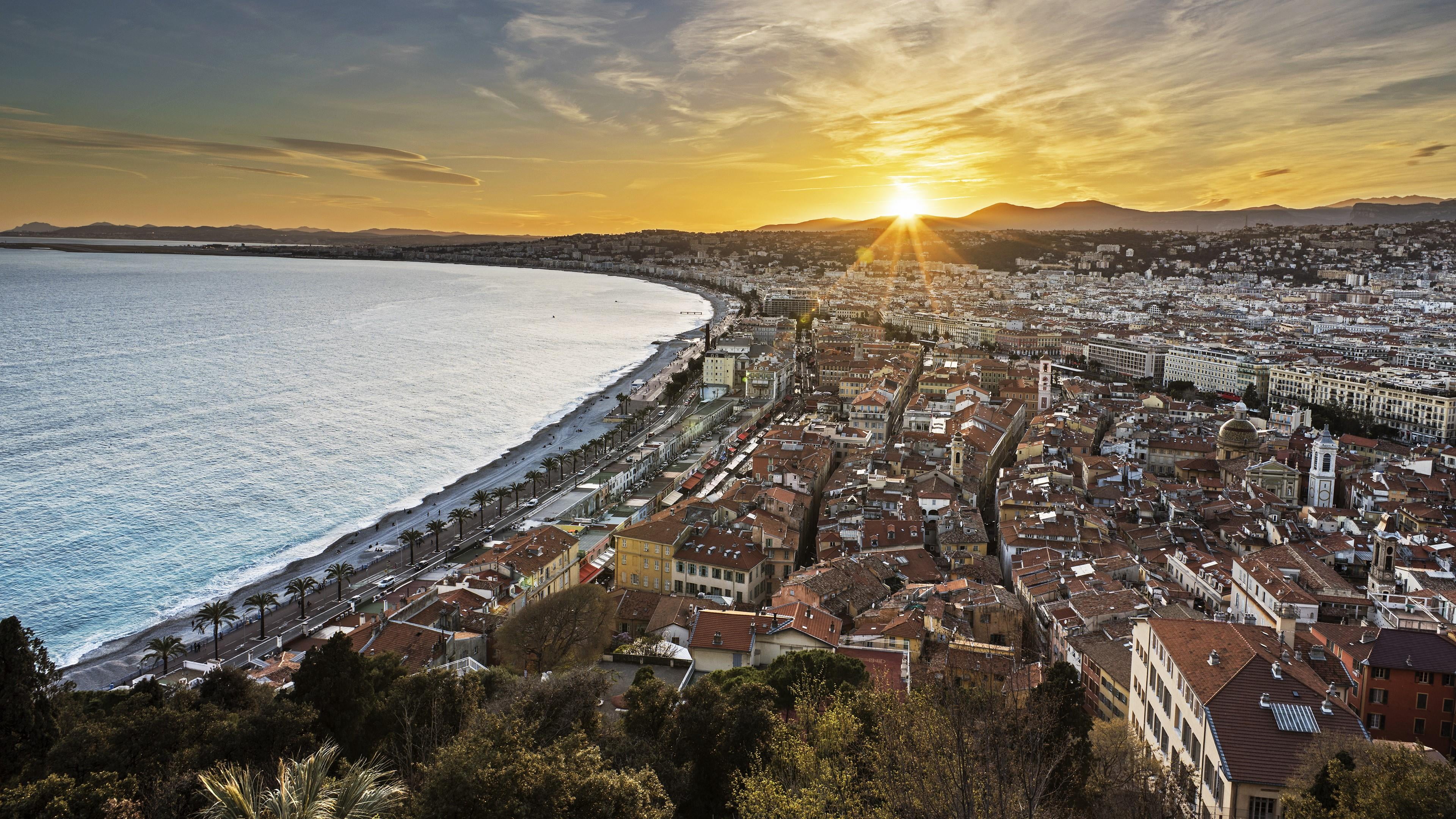 outdoors, coast, built structure, sunset, evening, horizon, architecture, city, sea, france, high angle view, nice, 4K, promenade des anglais, water, nature, HD Wallpaper