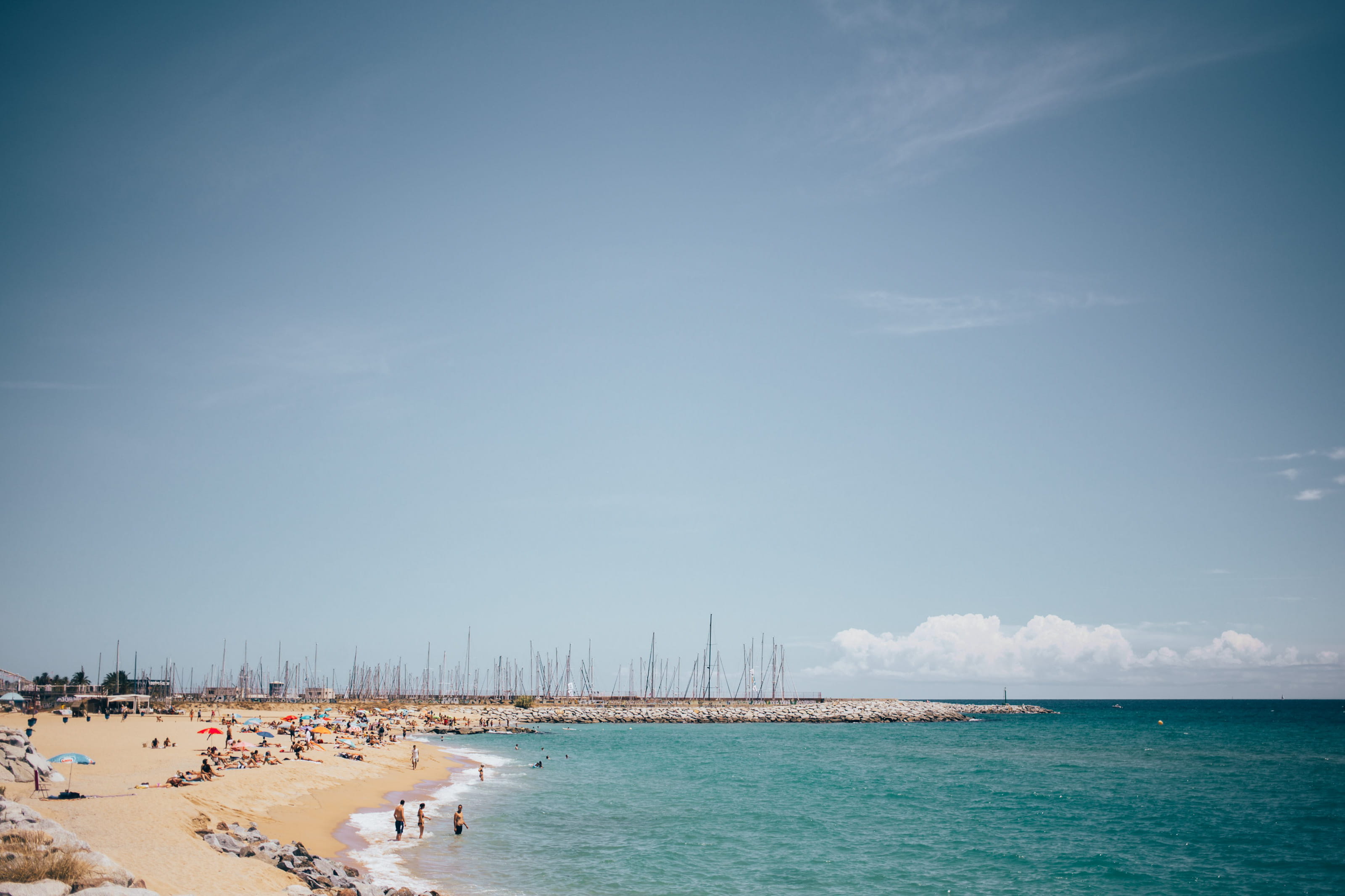 vacation, architecture, horizon, cloud - sky, Ocean, mediterranean, tourists, water, riviera, sunny, Spanish, relaxation, view, Swimming, nature, beauty in nature, HD Wallpaper