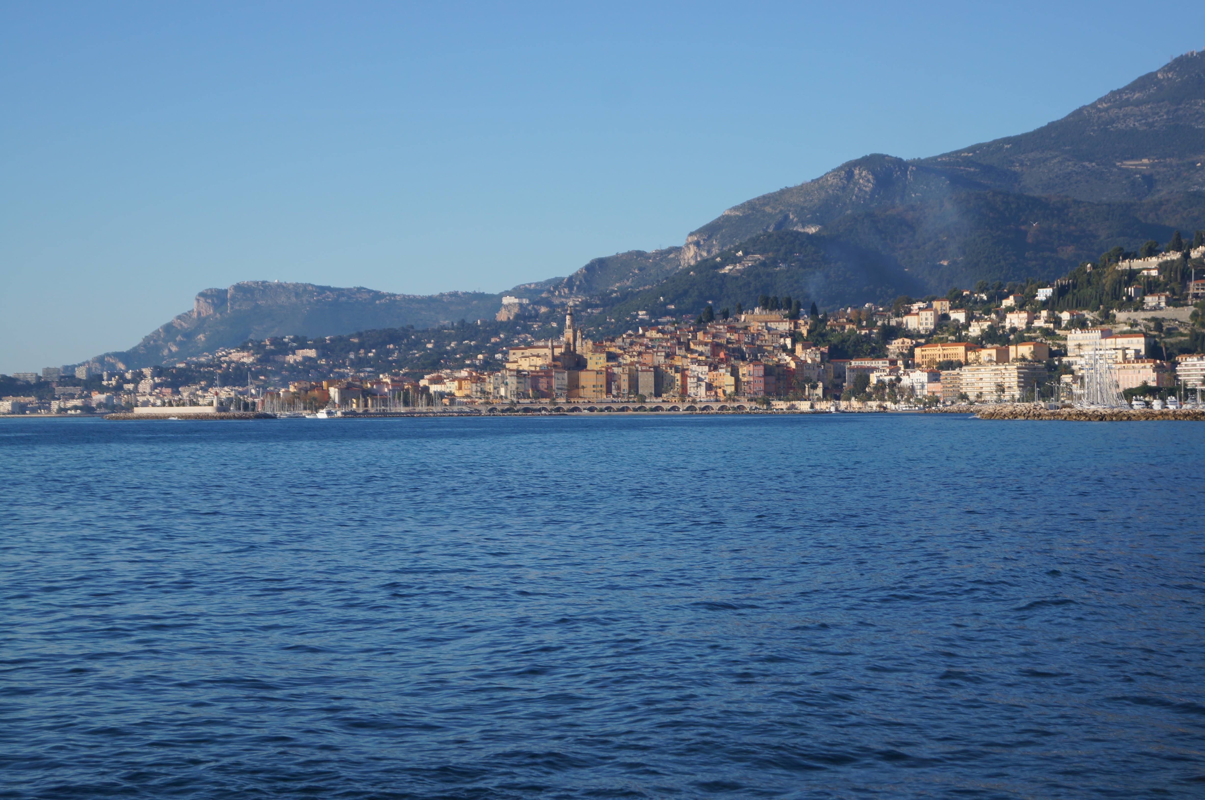 tourism, blue, nature, no people, view, menton, architecture, mountain range, scenics - nature, view into land, cote, france, cityscape, beauty in nature, HD Wallpaper