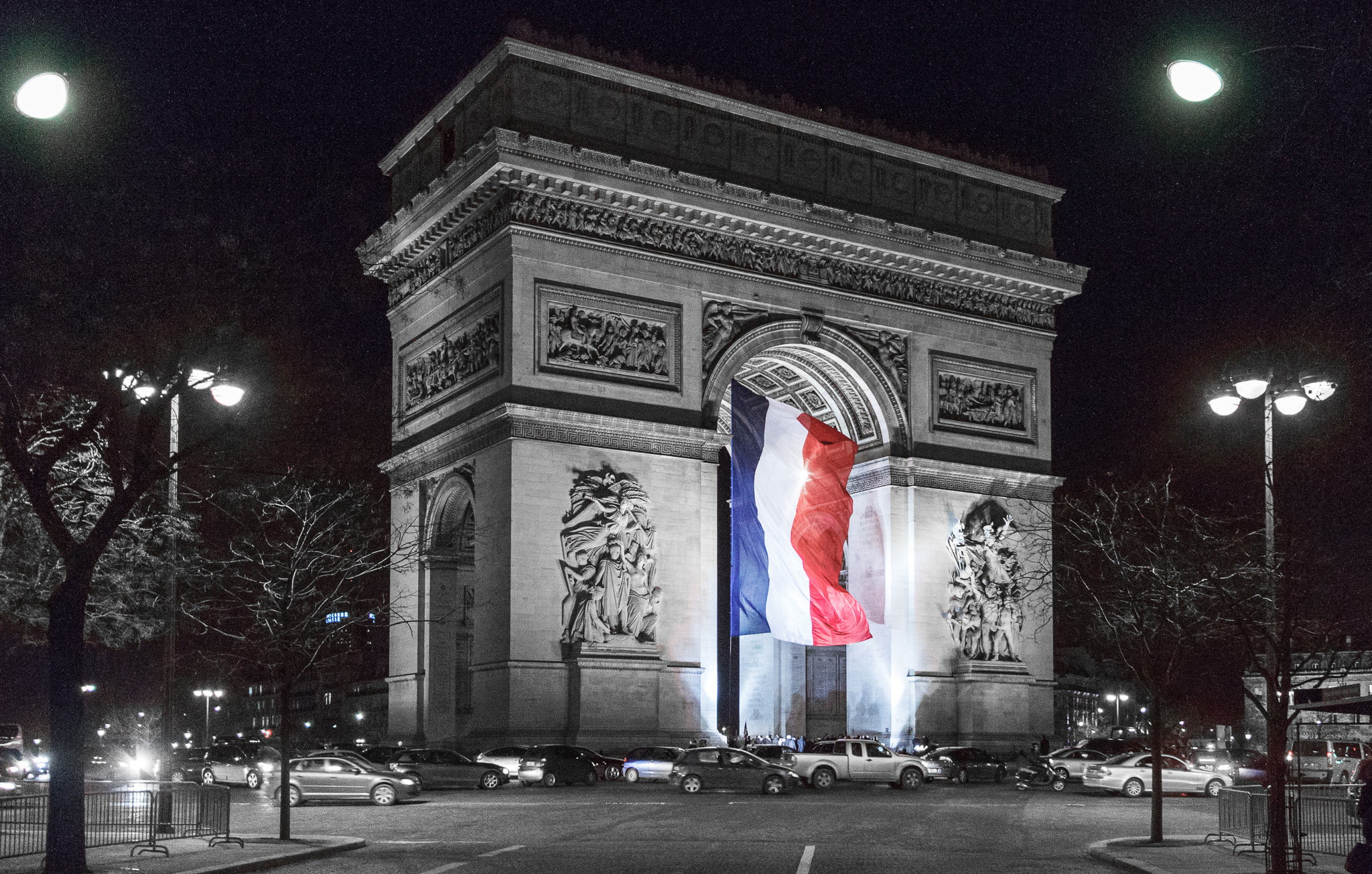 Paris, arch, night, flag, France, 1080P, lights, HD Wallpaper