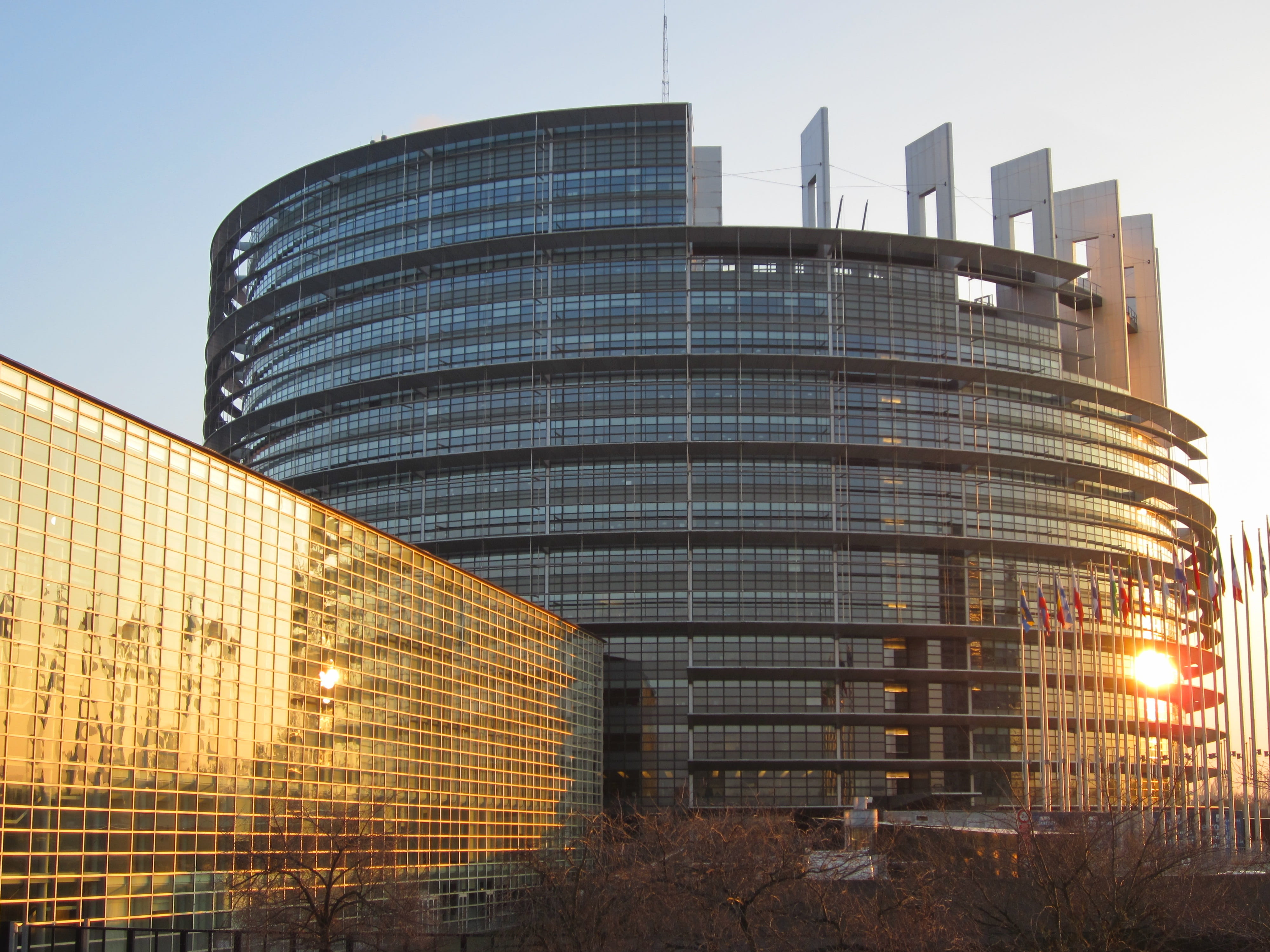 alsace, parliament, european parliament, low angle view, built structure, france, building exterior, no people, nature, flags, architecture, office building exterior, HD Wallpaper