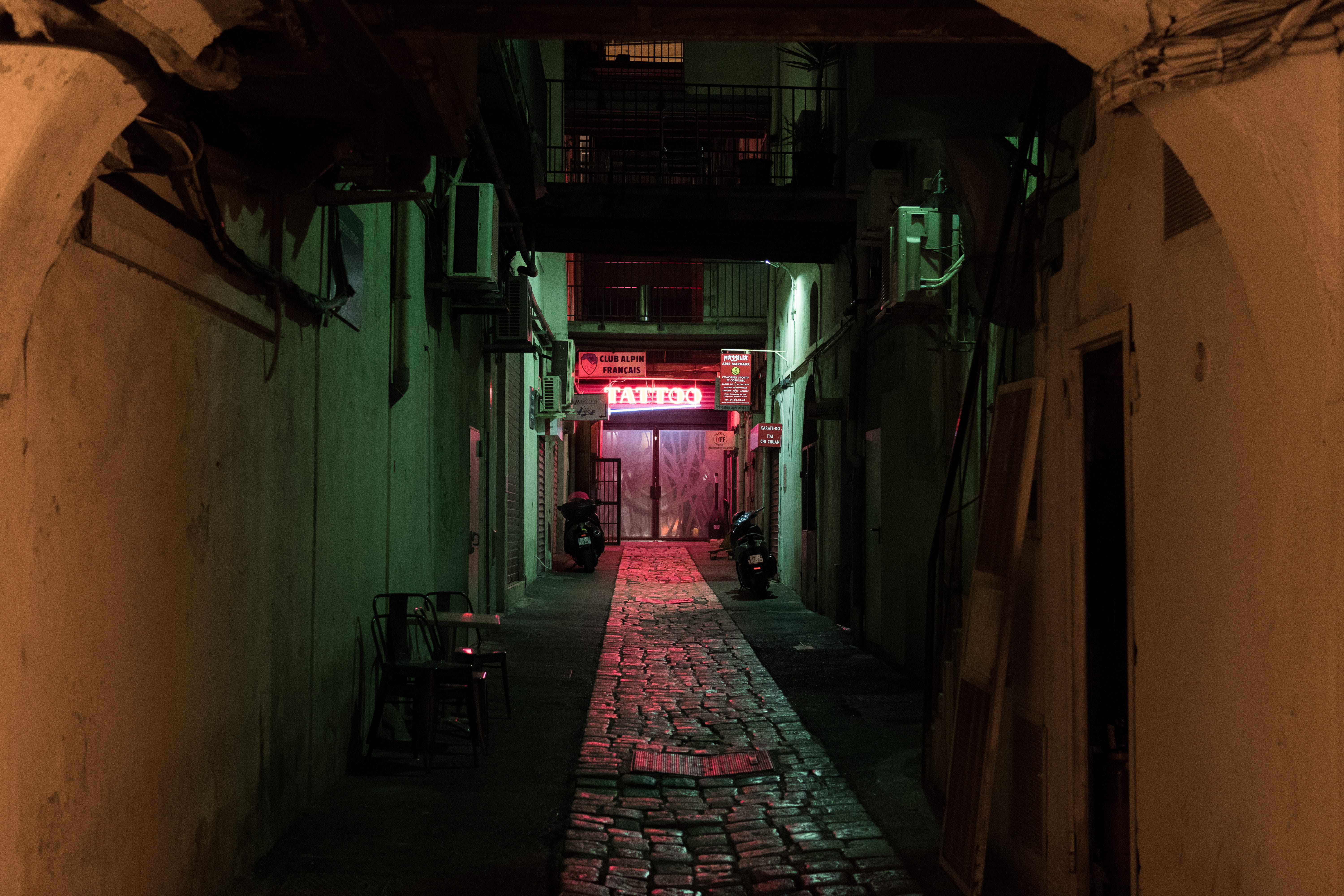 building exterior, illuminated, city, vanishing point, no people, diminishing perspective, building, the way forward, neon, dark, narrow, night, architecture, HD Wallpaper