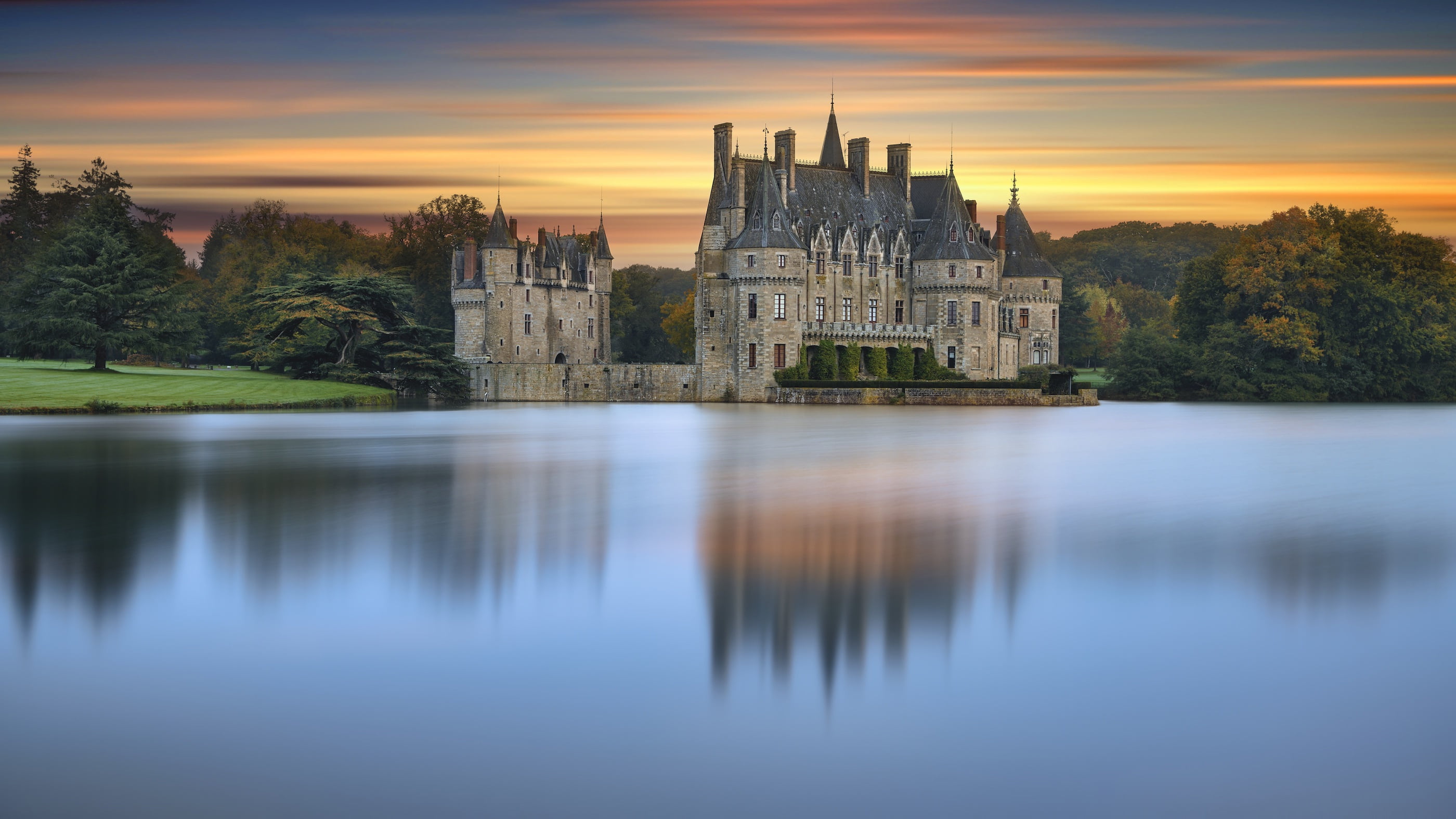 Castle, Water, 2K, France, Castles, Château de la Bretesche, Reflection, HD Wallpaper