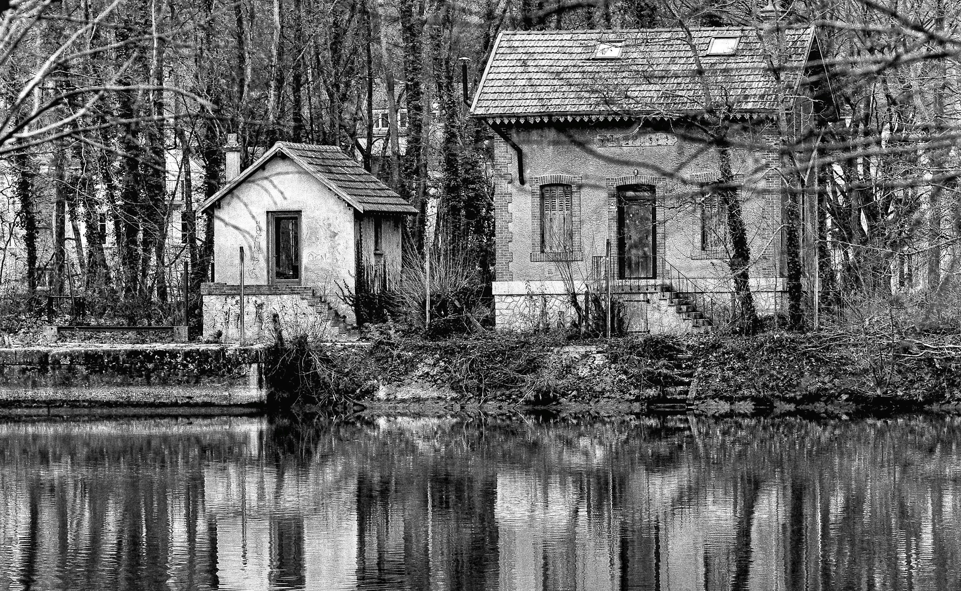 built structure, nature, river seine, day, france, water, plant, fontainebleau, tree, waterfront, no people, old, residential district, black and white, HD Wallpaper