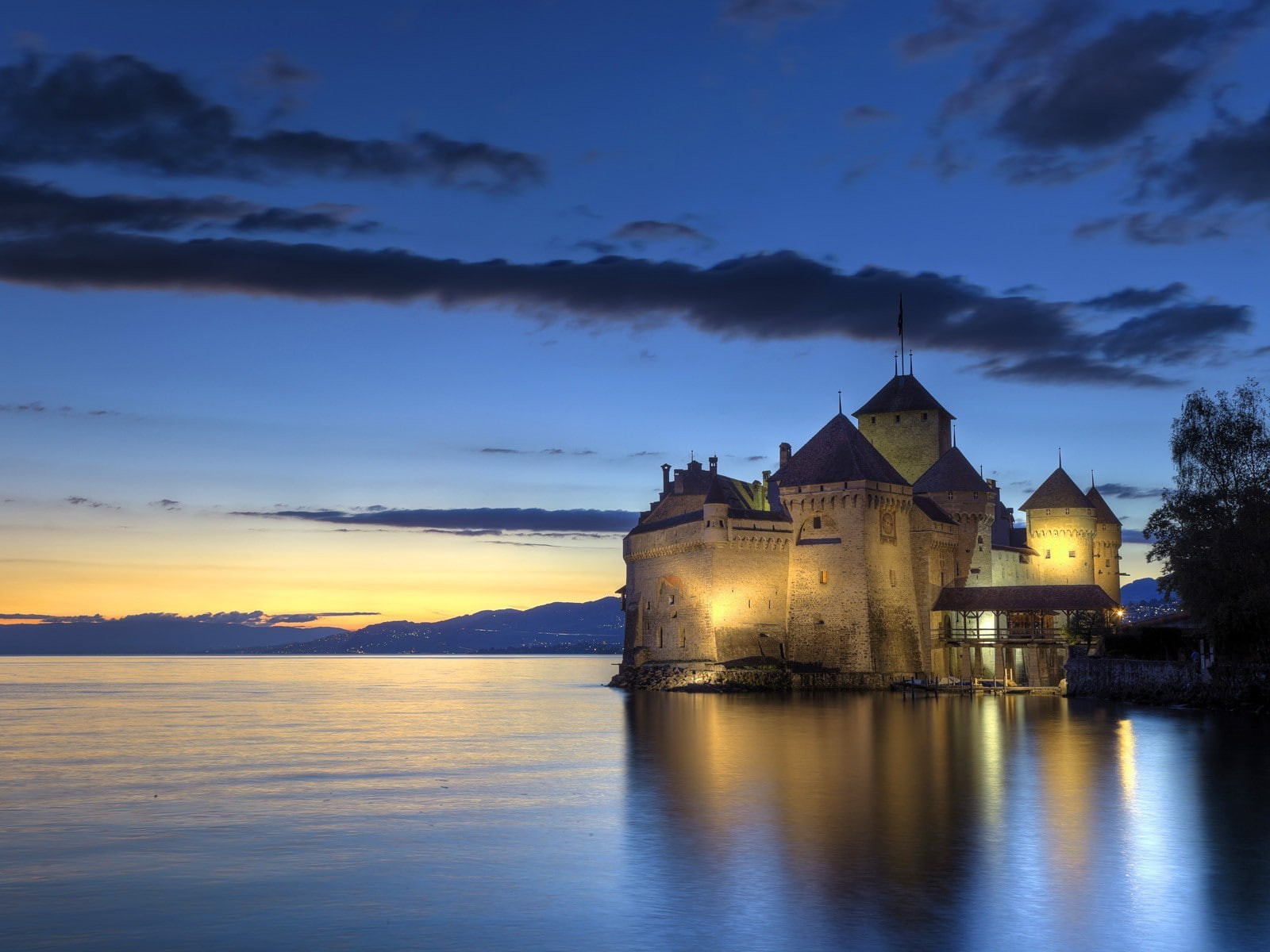 Montreux, lake, landscape, sunset, castle, Chillon Castle, building, 720P, HD Wallpaper