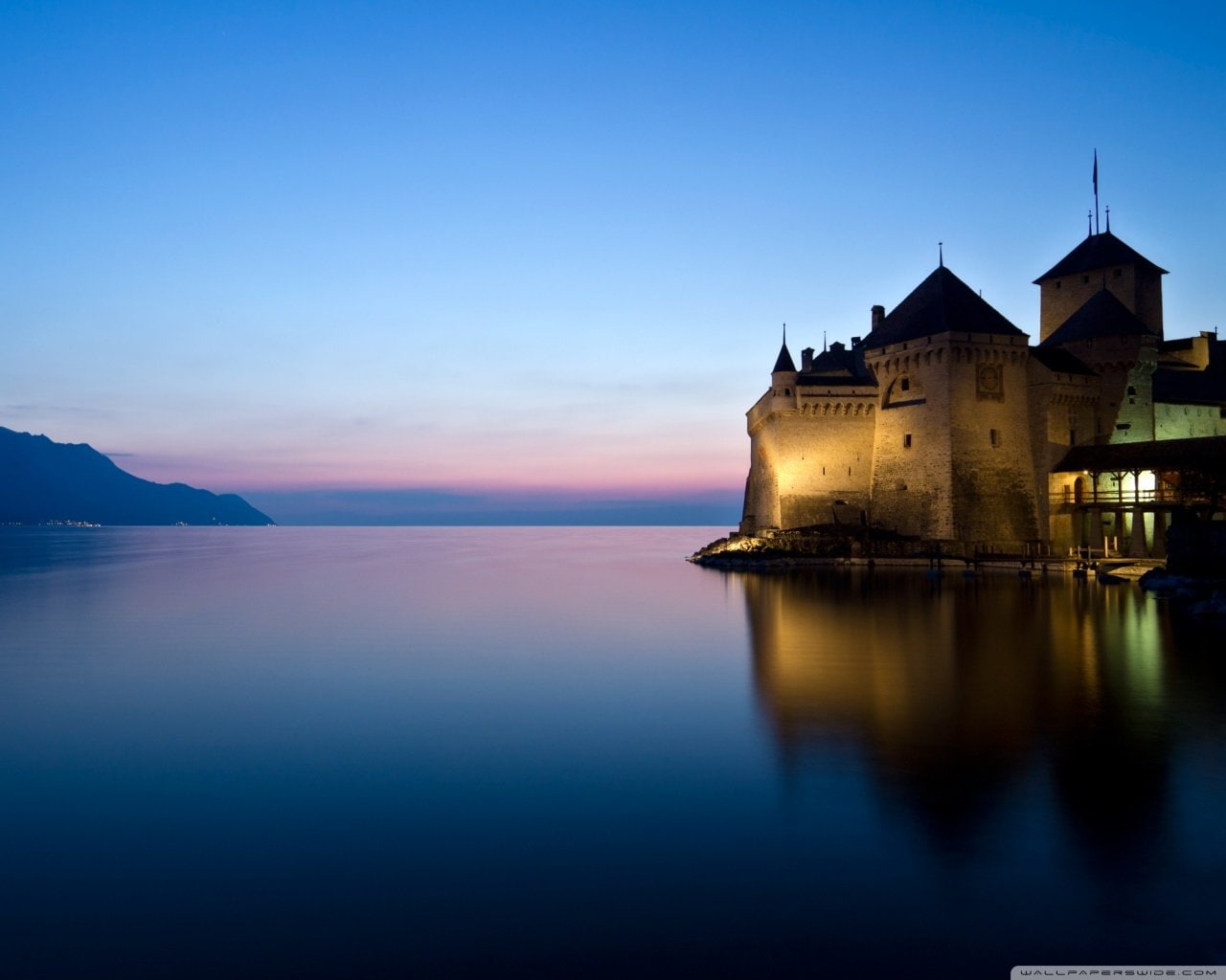 Lake, Castles, Sunset, Château De Chillon, Sea, Panorama, Castle, Night, Reflection, 720P, HD Wallpaper