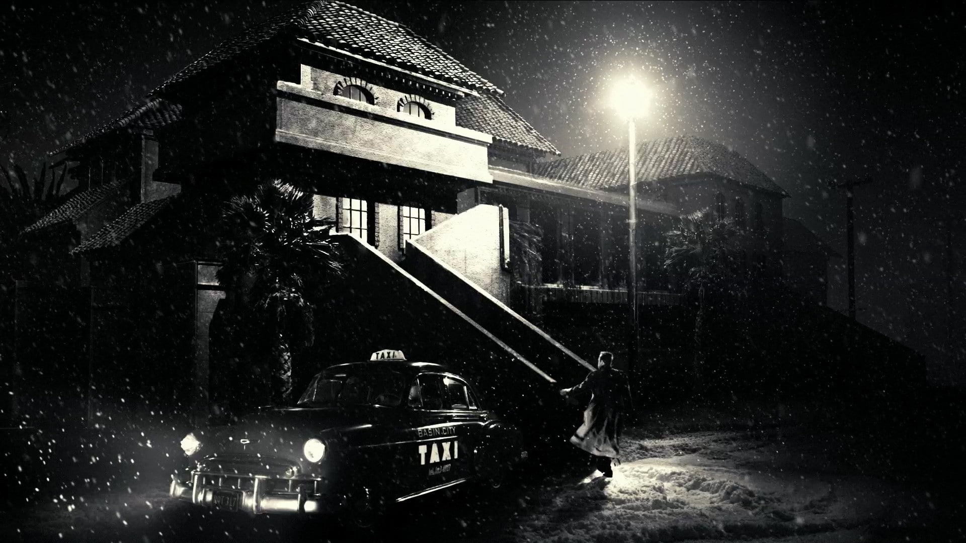motor vehicle, street light, illuminated, no people, city, monochrome, lighting equipment, Sin City, transportation, movies, road, car, mode of transportation, HD Wallpaper