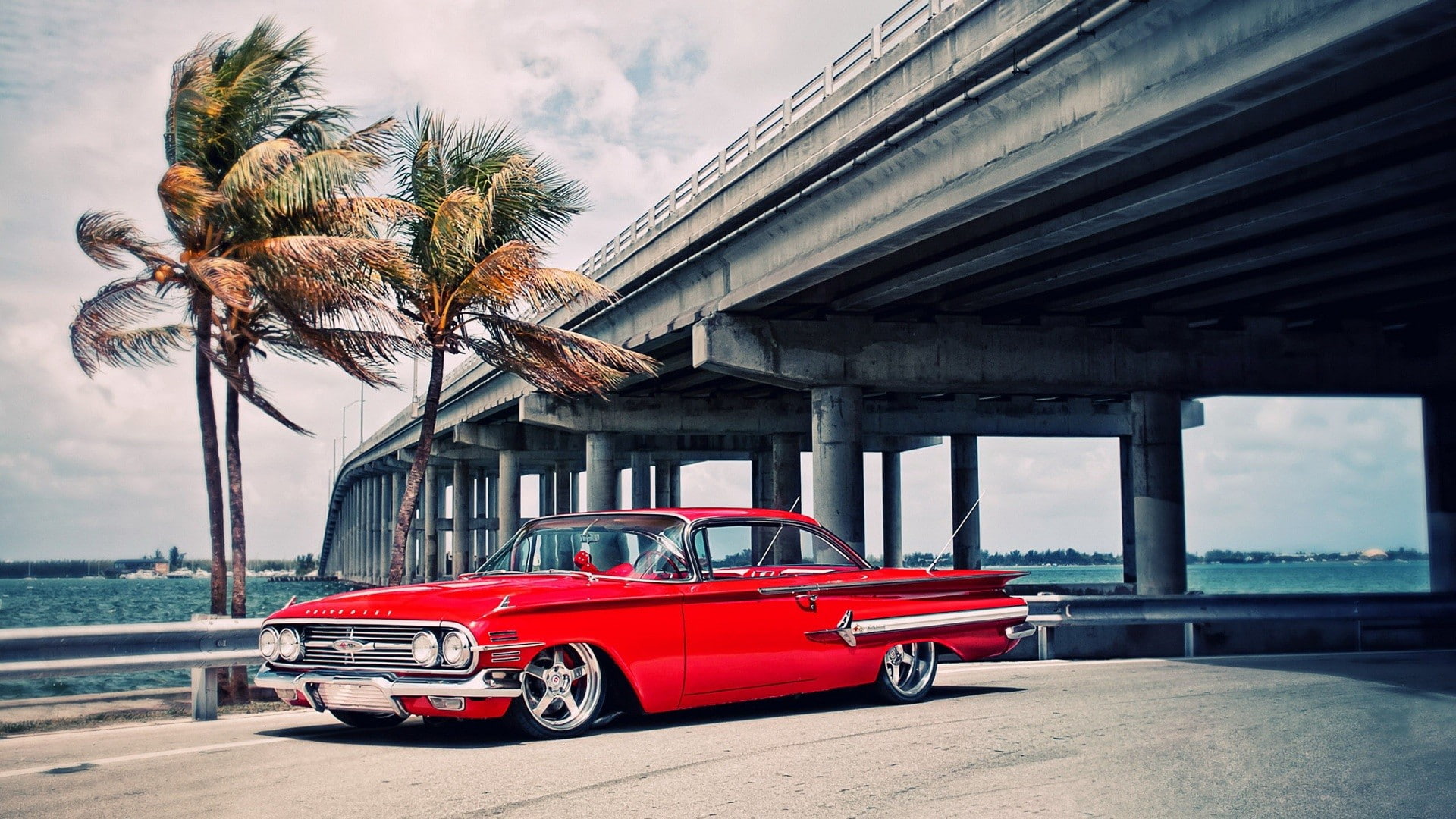 bridge, 1080P, vehicle, palm trees, wind, Oldtimer, car, red cars, HD Wallpaper