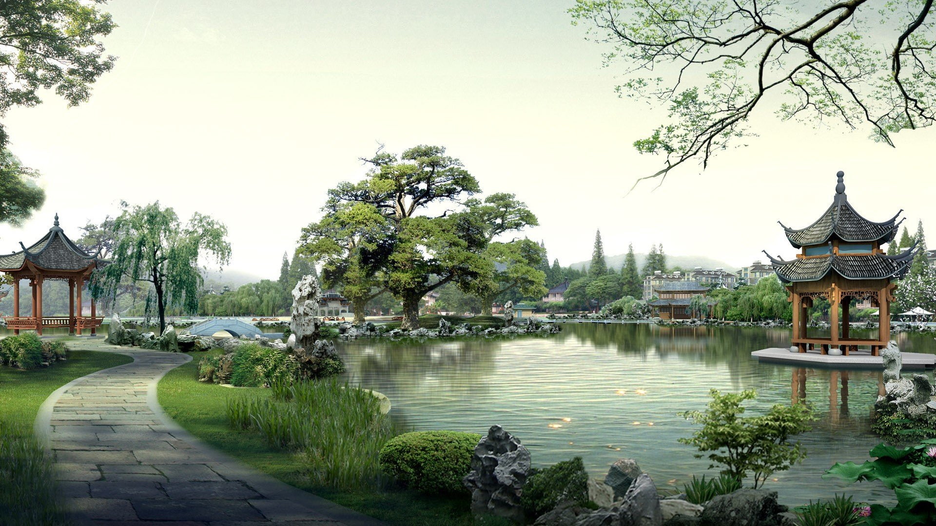 pond, davidson, x, Trees, japan, path, 1080P, px, hd, 1920x1080 px, motorcycles, harley, art, HD Wallpaper