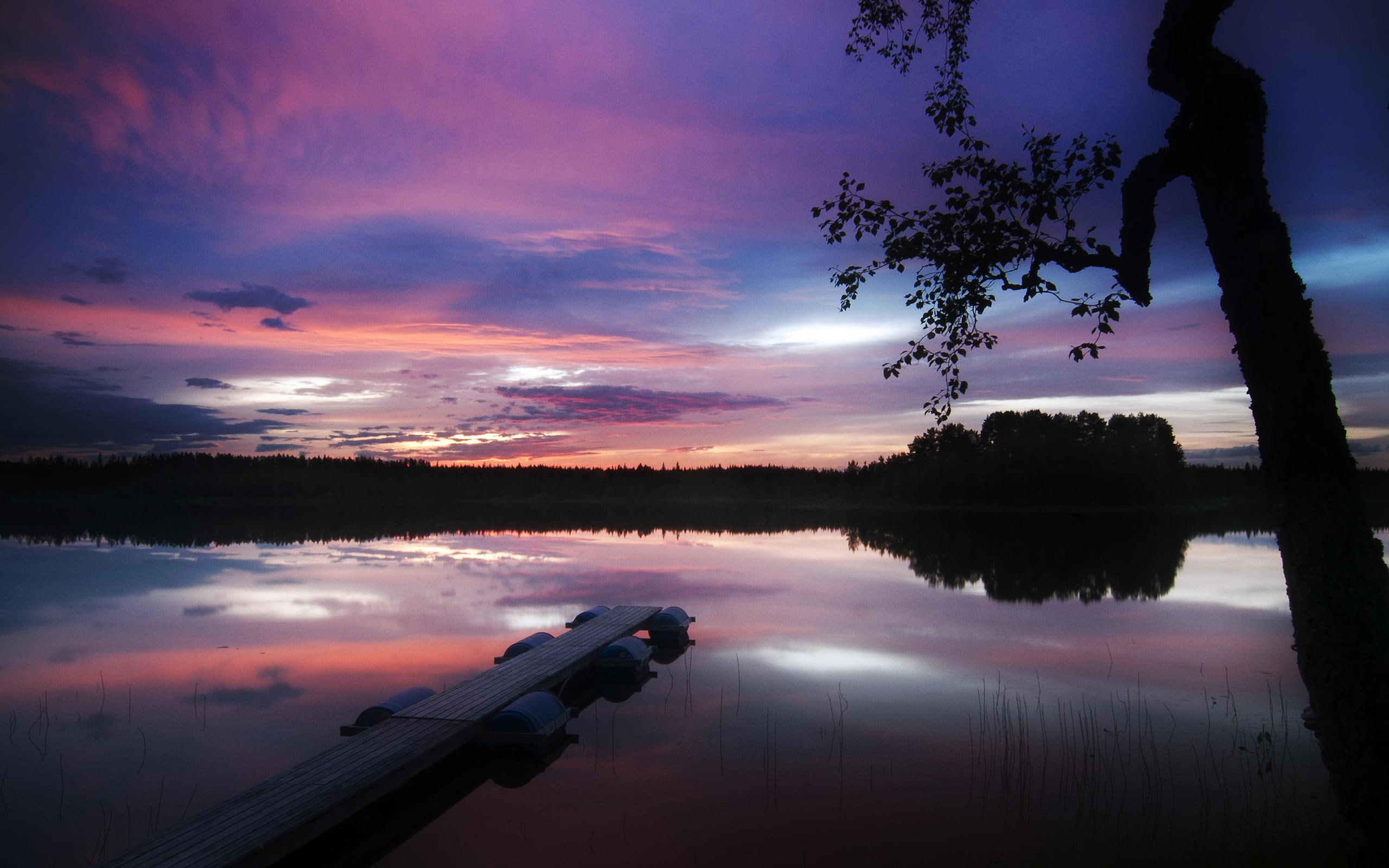 summer, 2K, nature, pier, sunset, finnish, 3d and abstract, trees, clouds, lake, HD Wallpaper