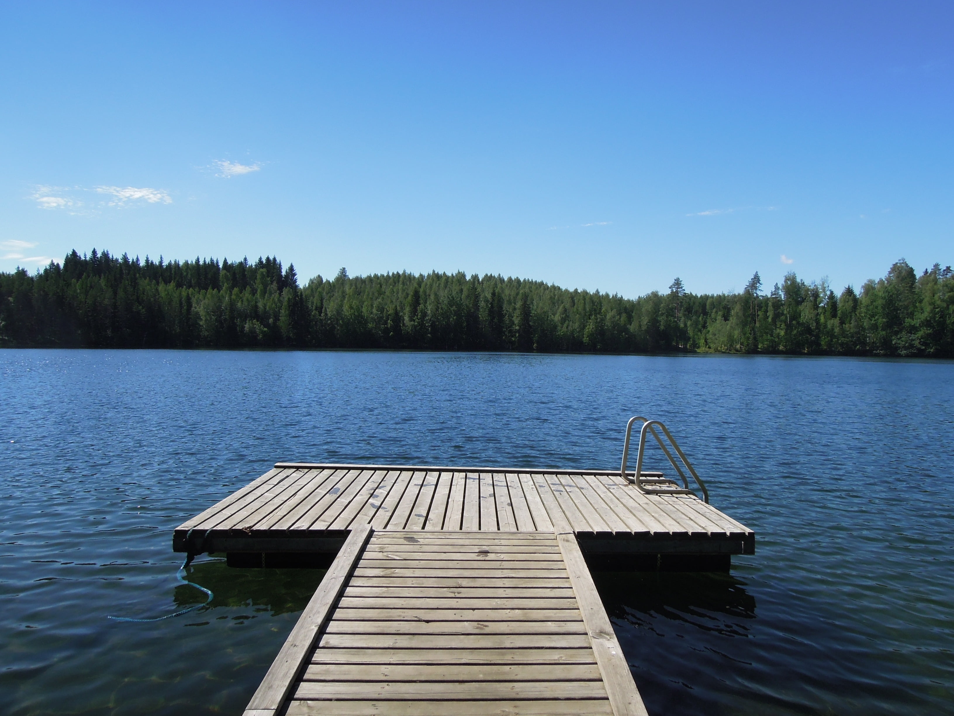tranquil scene, wood - material, beauty in nature, clear sky, growth, 2K, idyllic, day, non-urban scene, nature, lake, tranquility, water, blue sky, finnish, HD Wallpaper