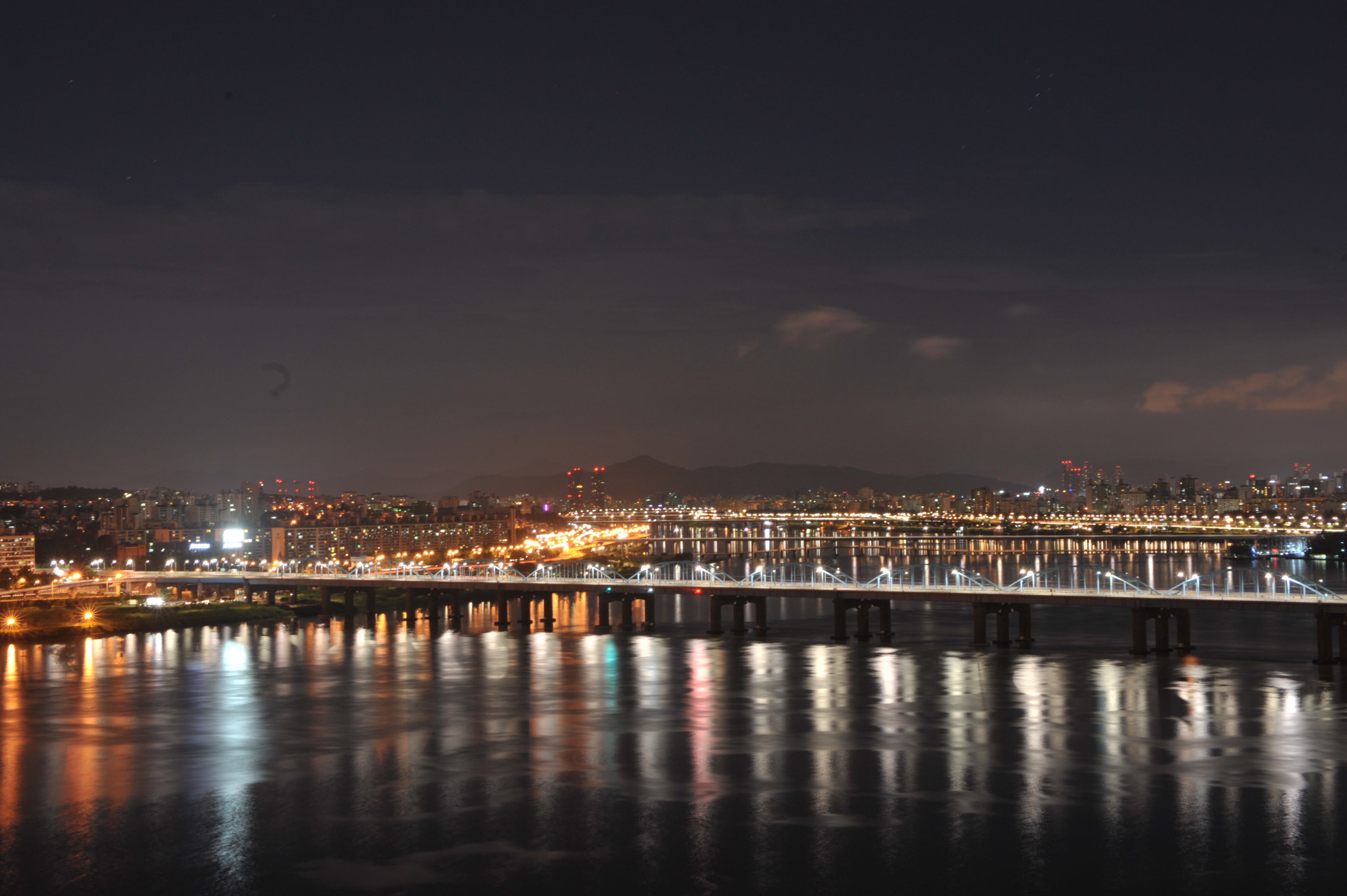 night view, seoul, water, illuminated, building, city, connection, outdoors, architecture, 4K, cityscape, motion bridge, cloud - sky, night, waterfront, HD Wallpaper