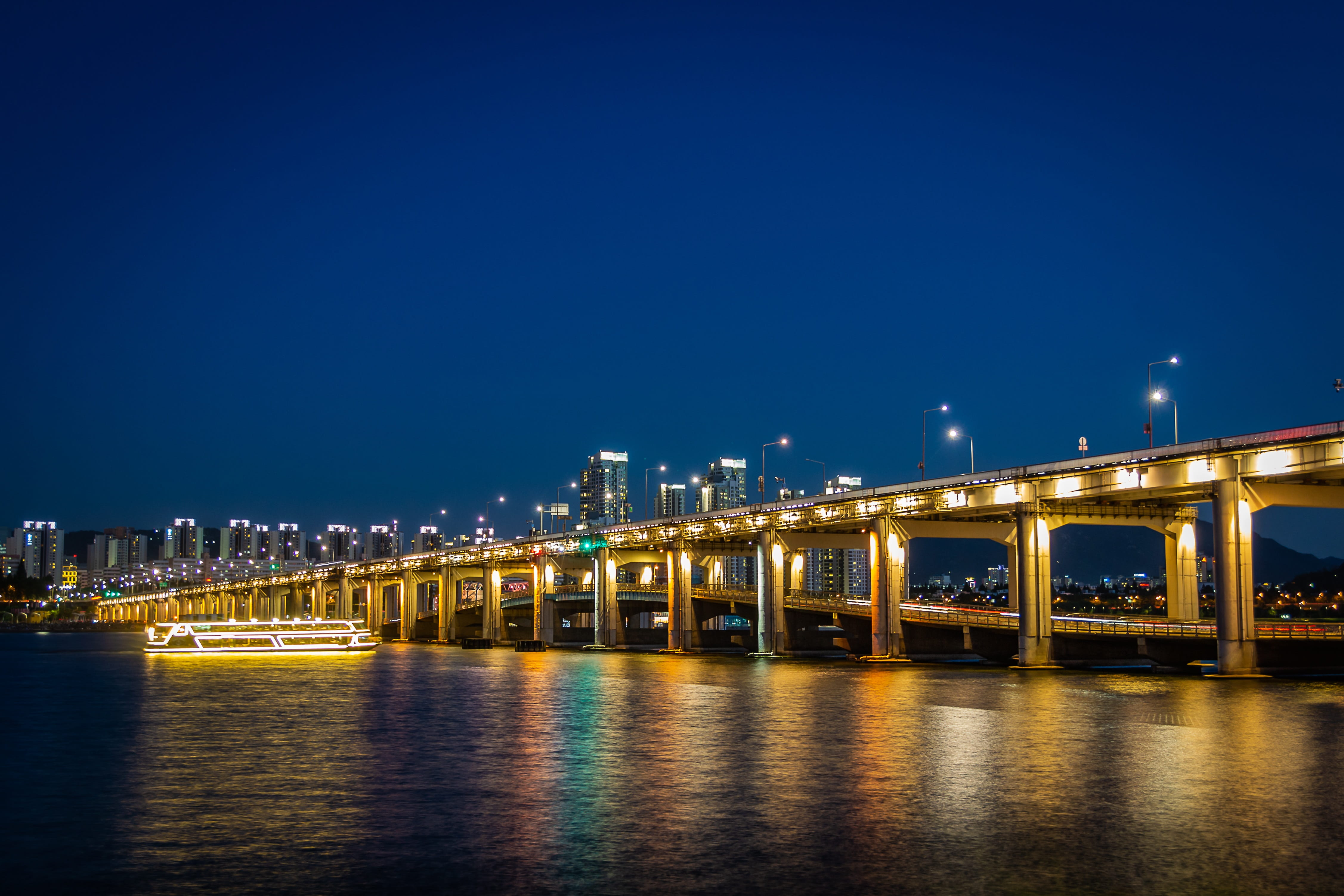apartments on star, bridge, reflection, downtown, korea, built structure, pleasure boat, han river, night photography, connection, 4K, illuminated, nature, HD Wallpaper