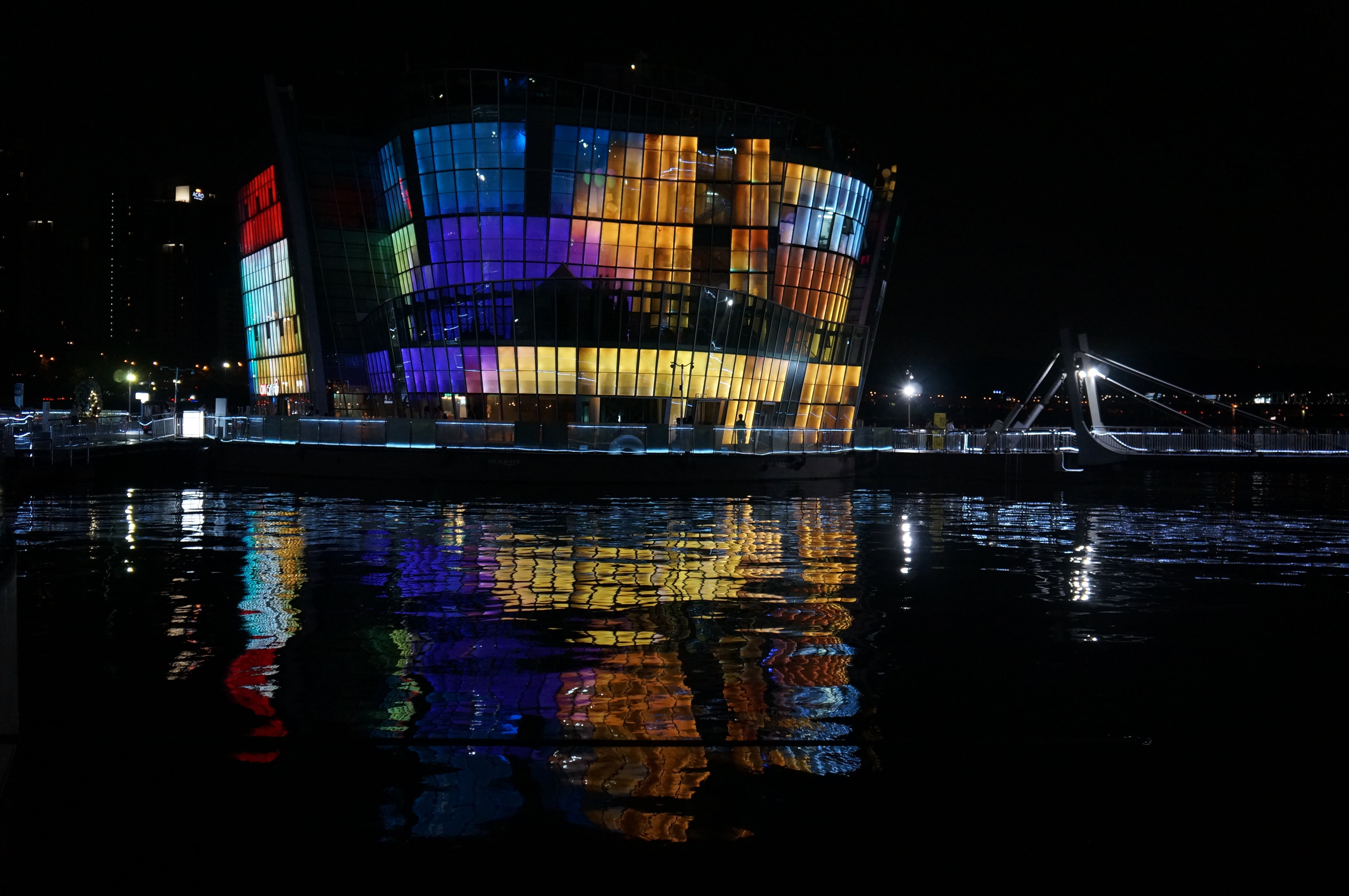 nightlife, building, night view, sebit floating island, office building exterior, architecture, han river, cityscape, 4K, modern, outdoors, city, travel destinations, HD Wallpaper