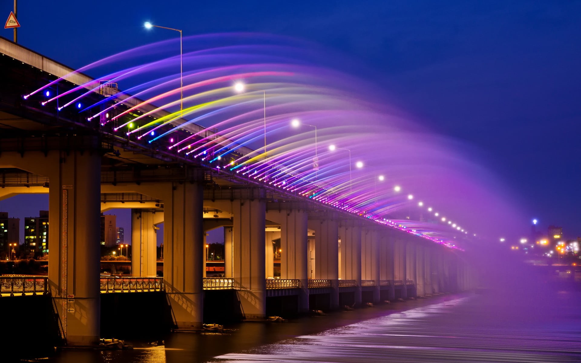 river, connection, architecture, rainbow, 1080P, nature, no people, lighting equipment, architectural column, glowing, concrete, cityscape, night, built structure, HD Wallpaper