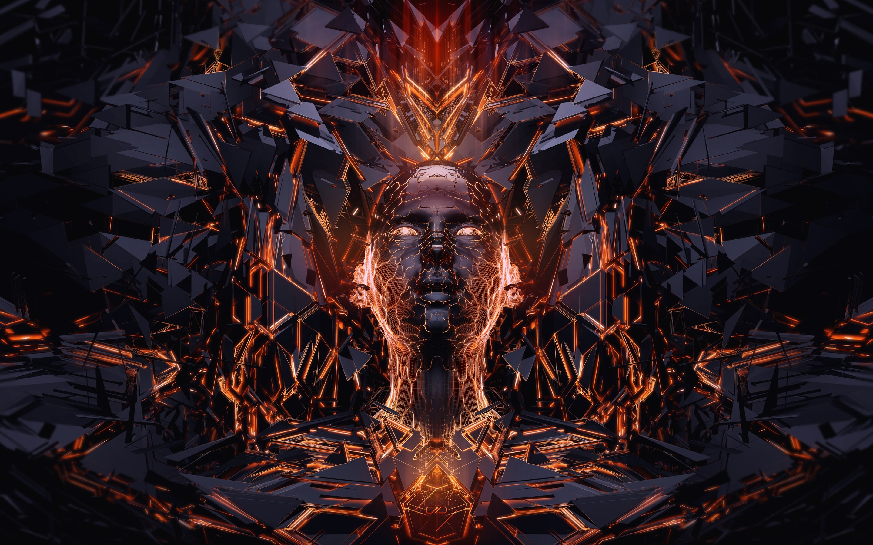 2K, digital composite, day, motion, front view, 3D, head, creativity, no people, nature, pattern, fire face, orange color, close-up, representation, fountain, HD Wallpaper