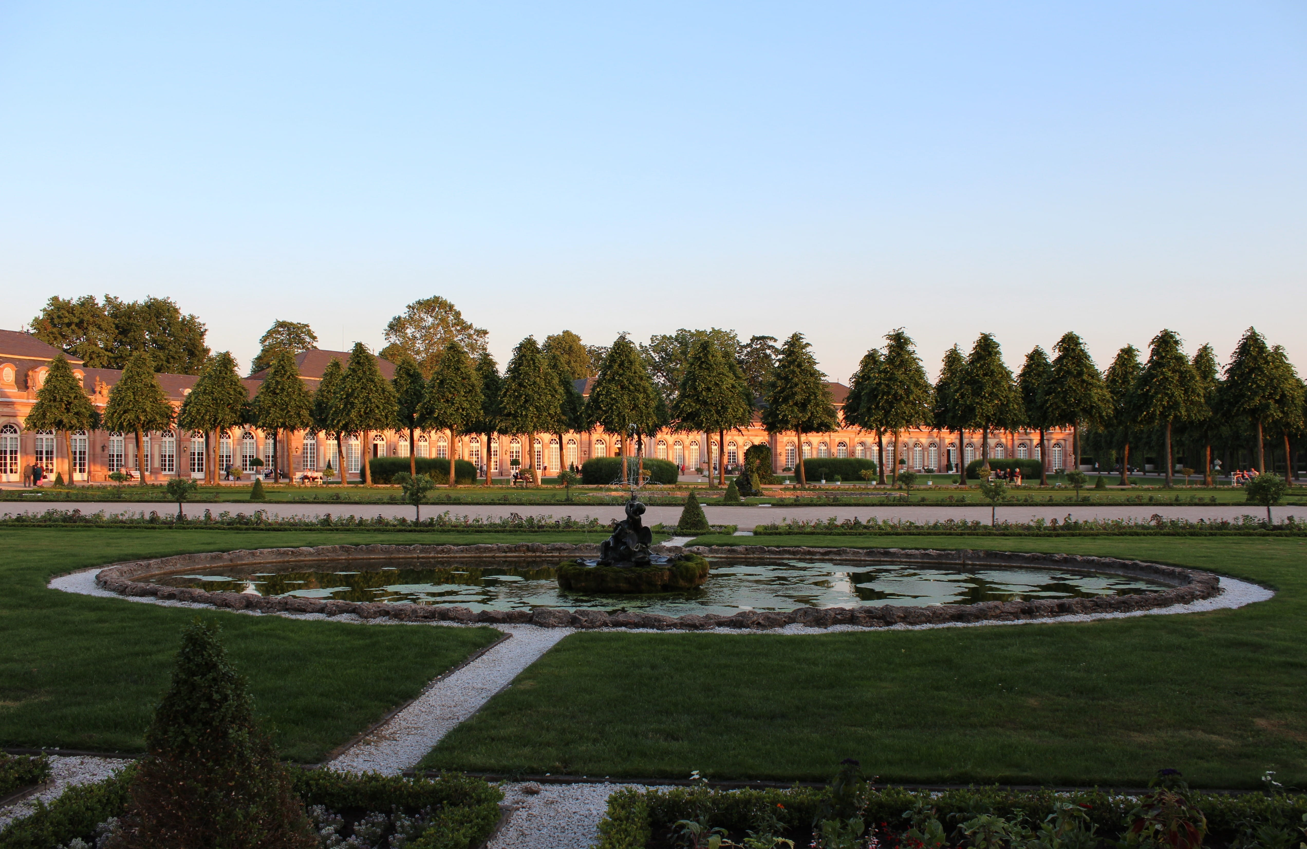 copy space, sky, castle, day, outdoors, architecture, grass, ornamental garden, tranquility, schlossgarten, 4K, hedge, formal garden, beautiful, fountain, HD Wallpaper