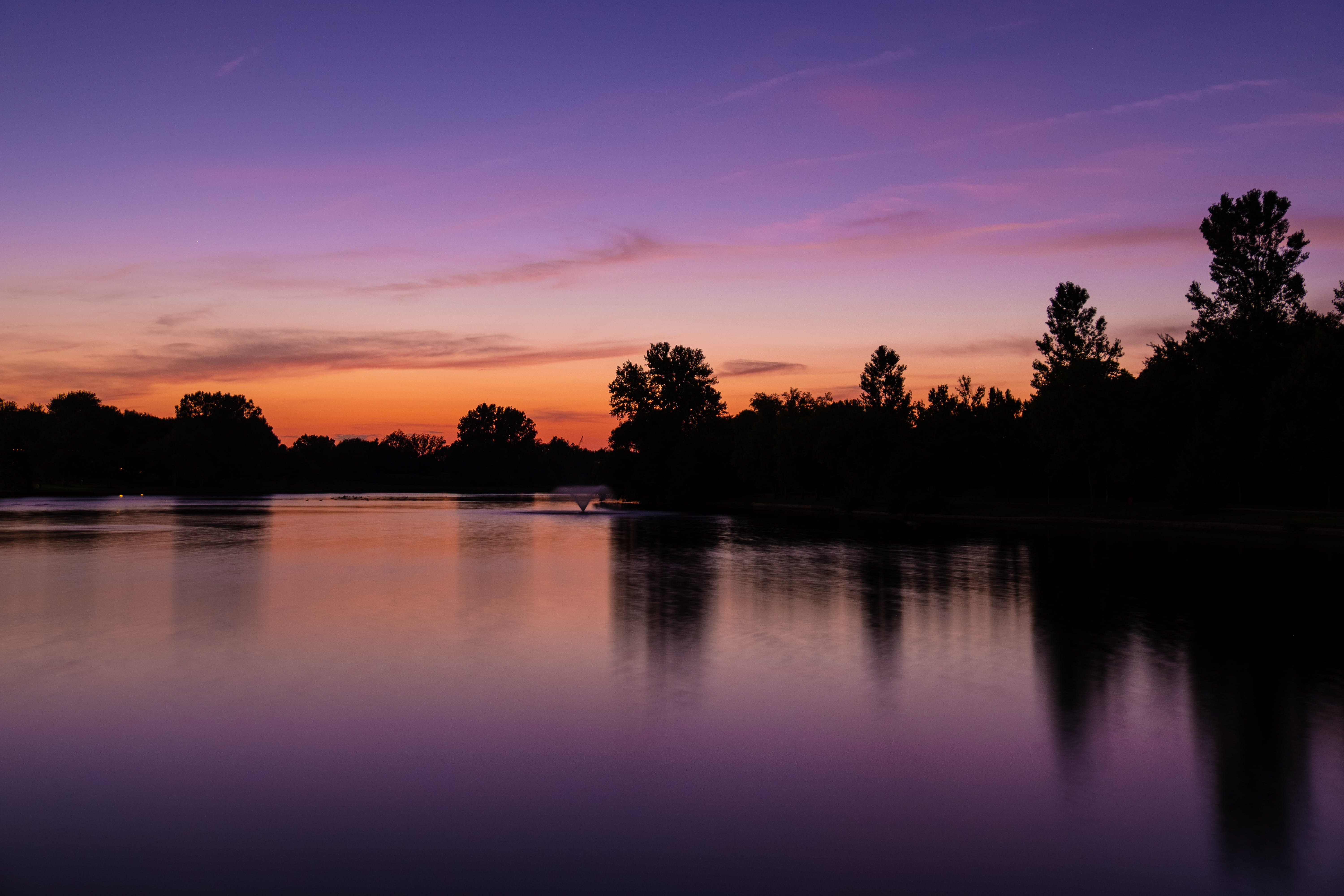 waterfront, purple, reflection lake, boys town, 5K, colors, silhouette, colorful, cloud - sky, background, water, long exposure, tree, trees, HD Wallpaper