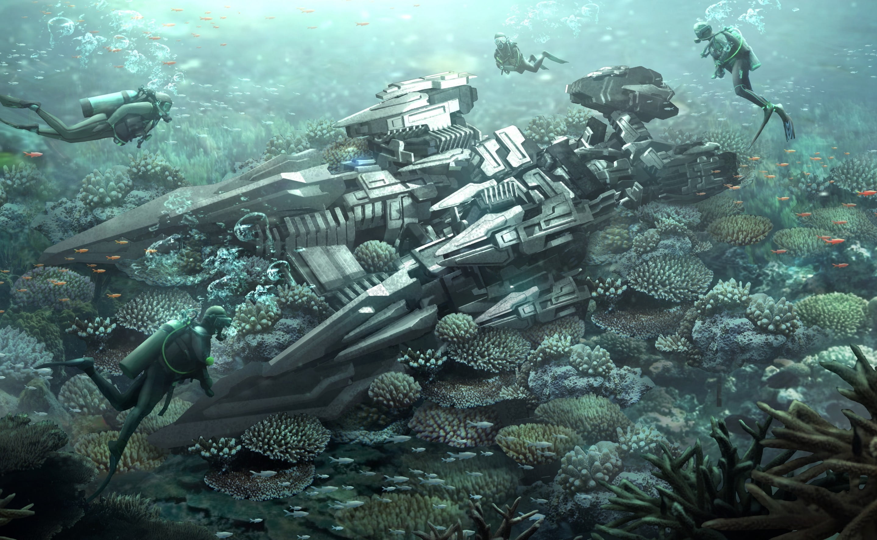 animal wildlife, school of fish, animals in the wild, sea, undersea, artwork, 2K, marine, coral, tank, day, divers, aquatic sport, sea life, gray, animal, HD Wallpaper