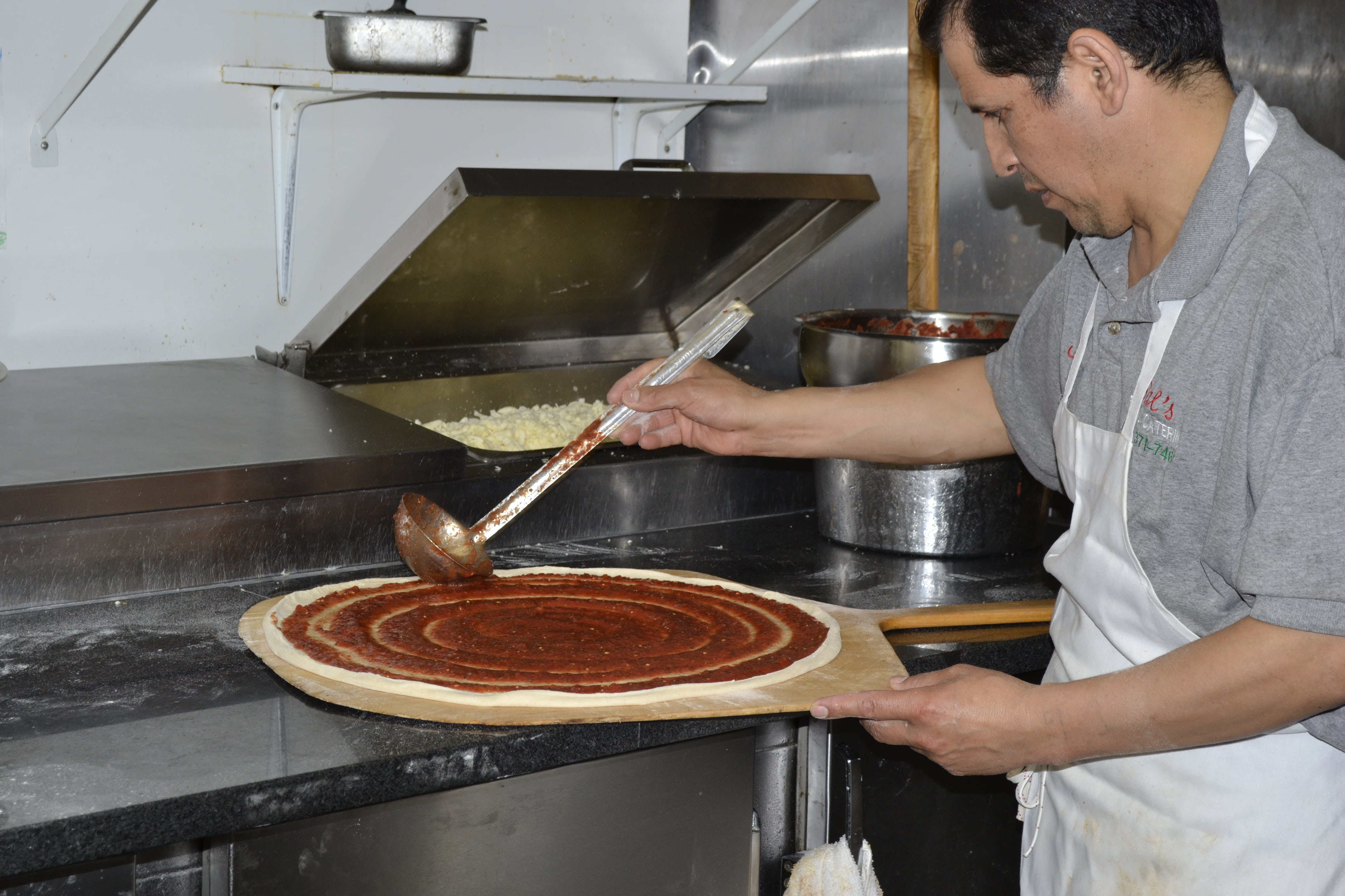 holding, bring food, household equipment, putting, food and drink establishment, standing, chef, pizzero, delivery, preparation, food, sauce, pizza, working, HD Wallpaper