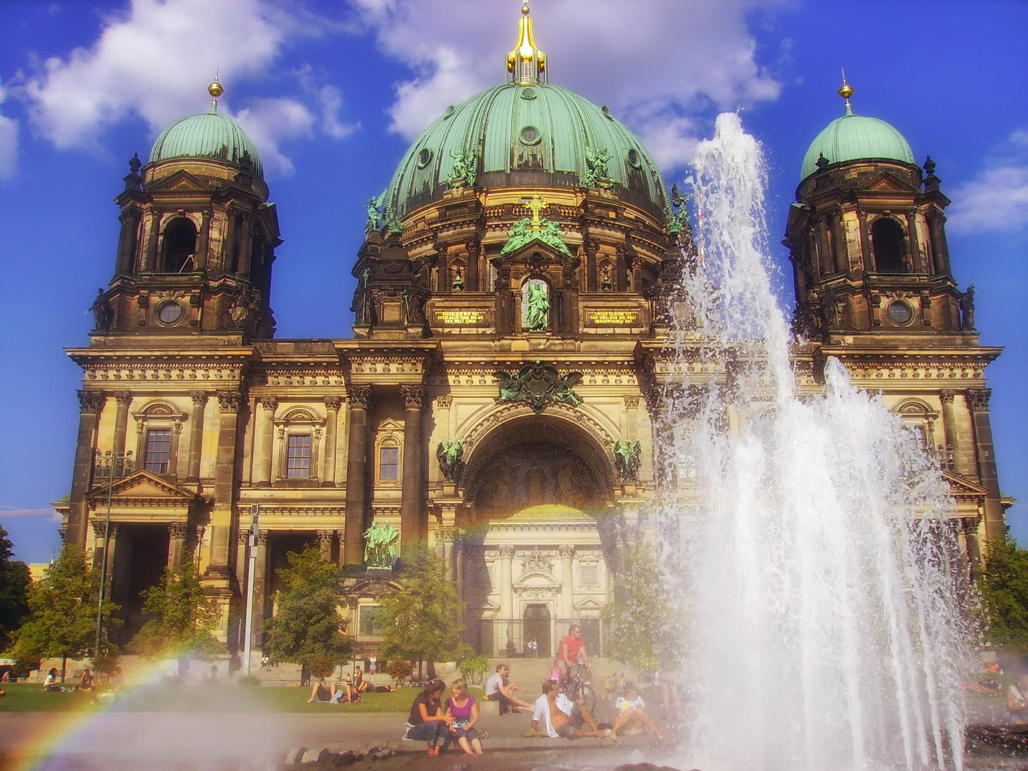 spray, dome, berlin, cathedral, sky, clouds, nature, outdoors, water, tourism, place of worship, facade, architecture, belief, germany, historic, rainbow, HD Wallpaper