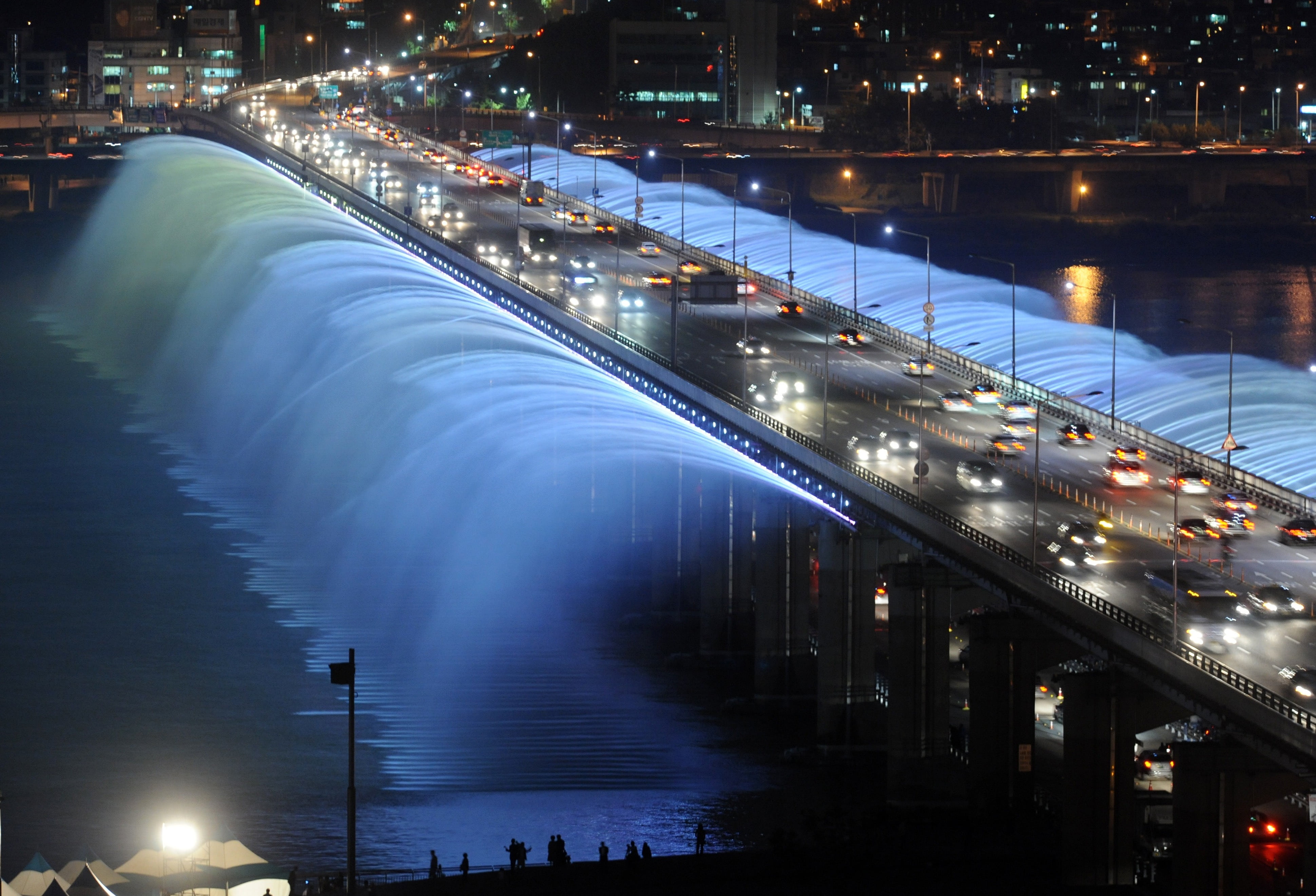 illuminated, water, light, side, street, south korea, building exterior, concrete, transportation, rainbow fountain, colorful, colors, nature, 4K, road, HD Wallpaper