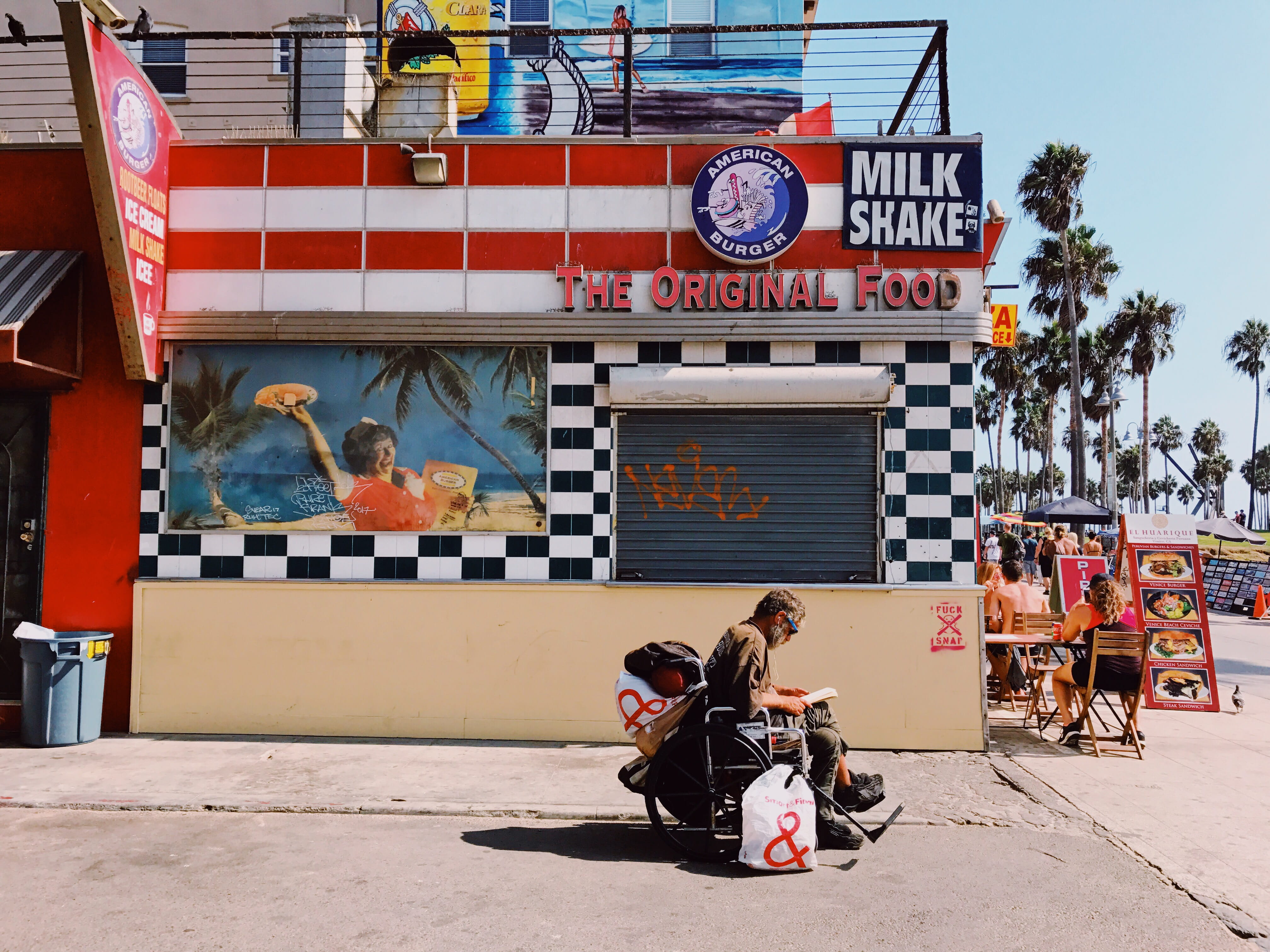 mammal, cafe, original, poster, chair, lifestyles, leisure activity, architecture, full length, human, people, book, street, 4K, wheel, reading, person, HD Wallpaper