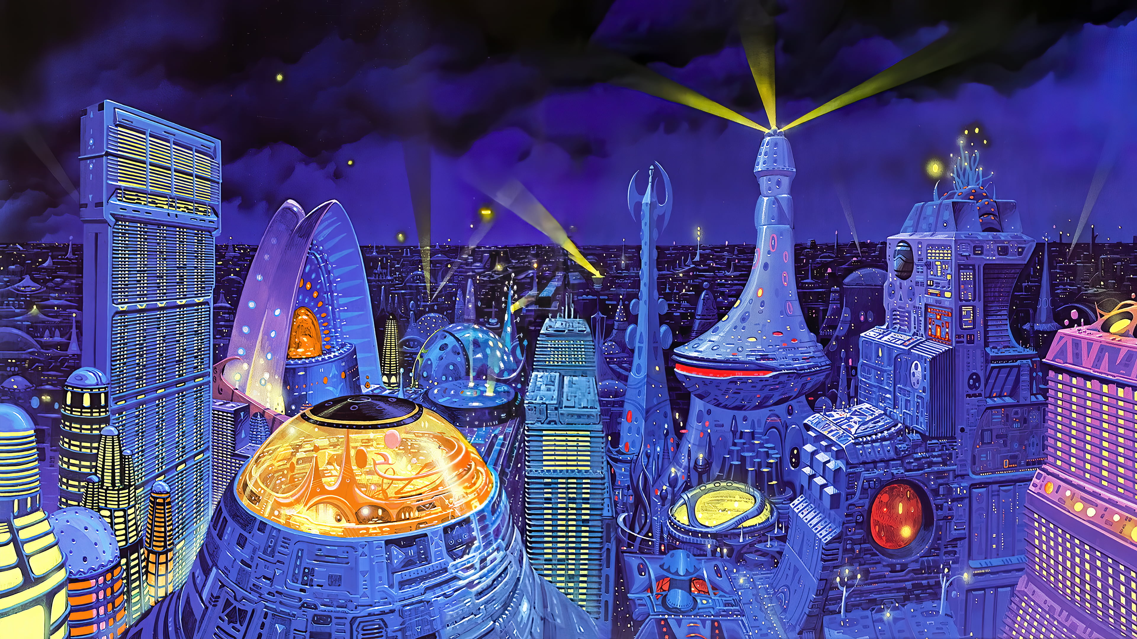 4K, clouds, Angus McKie, city, science fiction, artwork, night, lights, HD Wallpaper