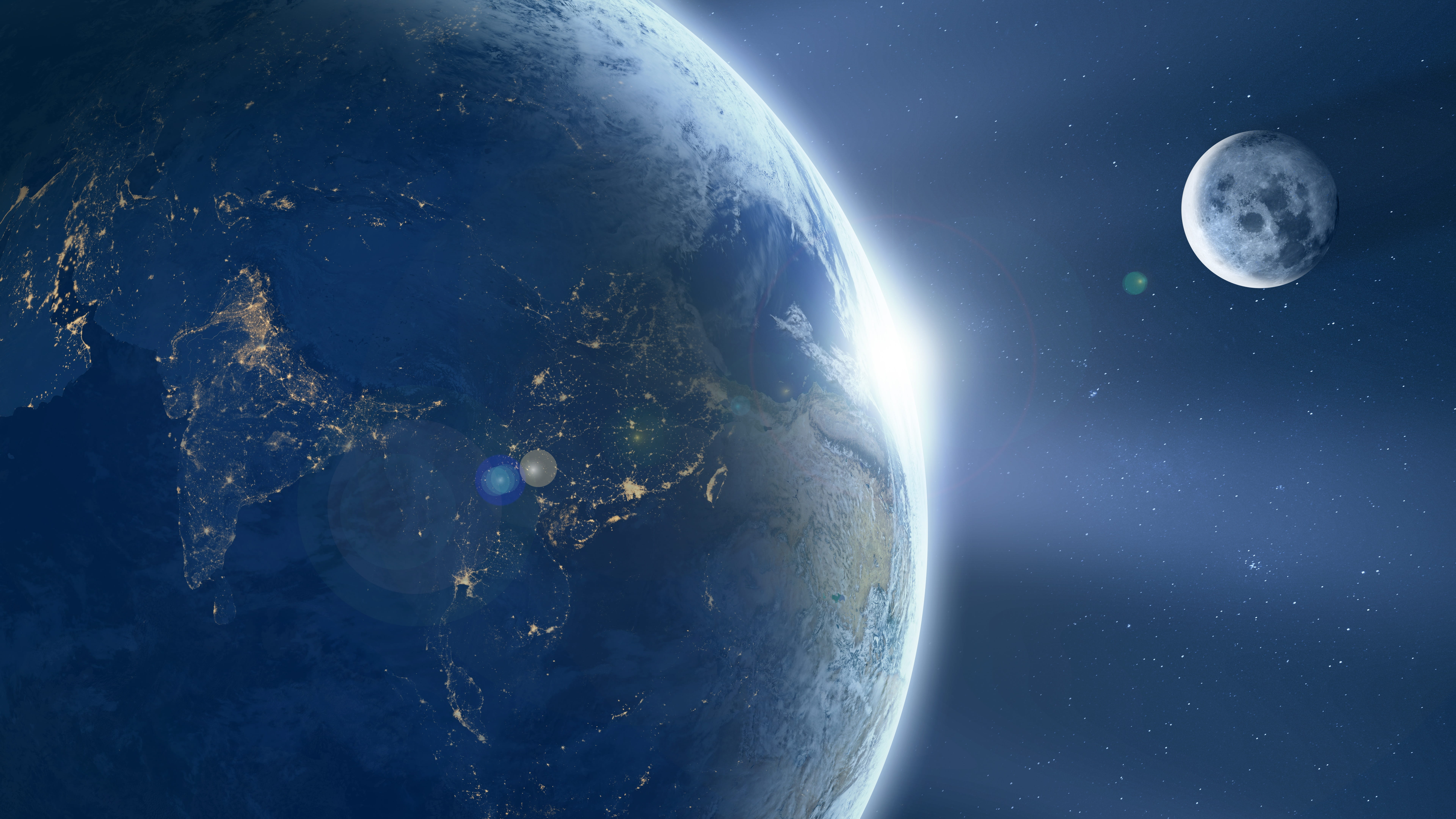 orbit, night, illuminated, sunrise, blue, moon surface, nature, satellite view, planet - space, globe, lens flare, space travel, glowing, environment, starry sky, HD Wallpaper